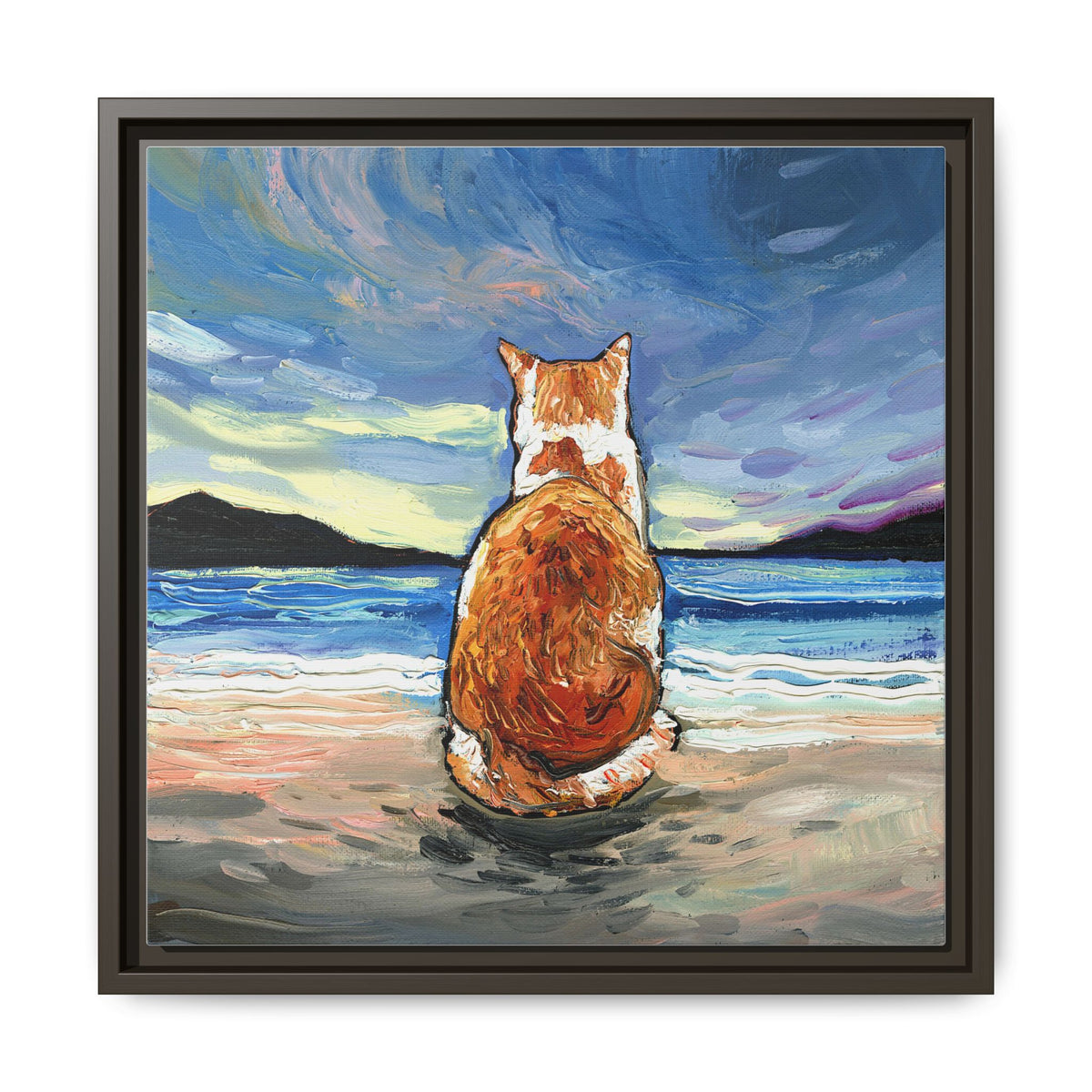 "Beach Day - Orange and White Tabby Cat" Framed Canvas Wall Art