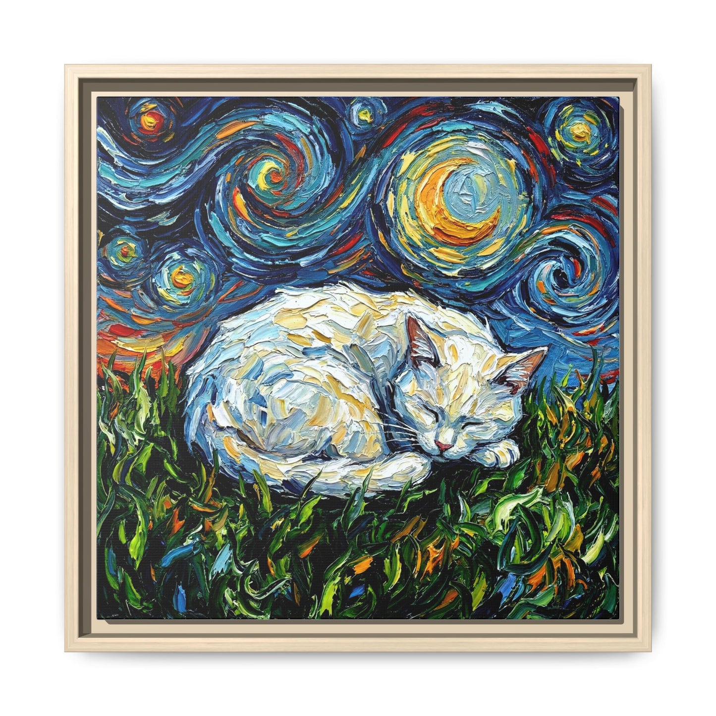 "Sleepy White Cat Night" Framed Canvas Wall Art