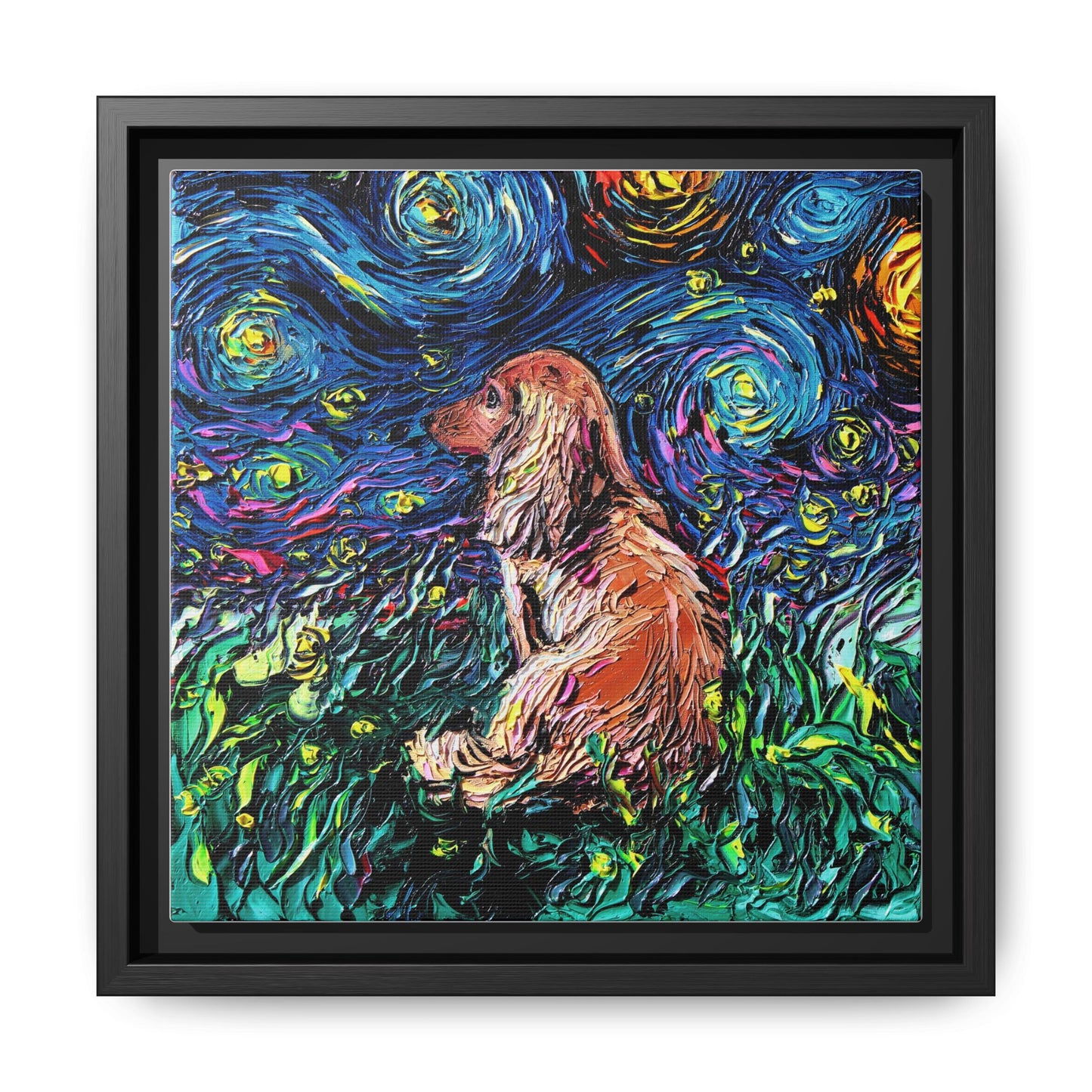"Long Haired Brown Dachshund Night" Framed Canvas Wall Art