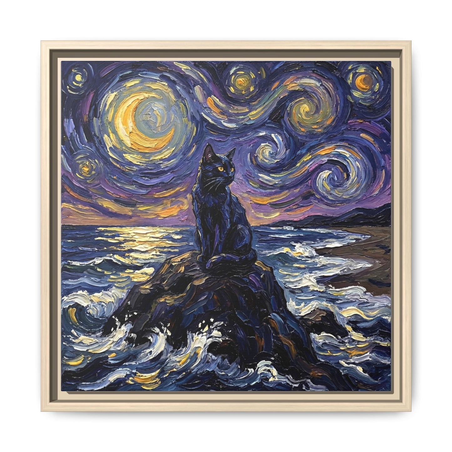 "Beach Night - Black Cat" Framed Canvas Wall Art