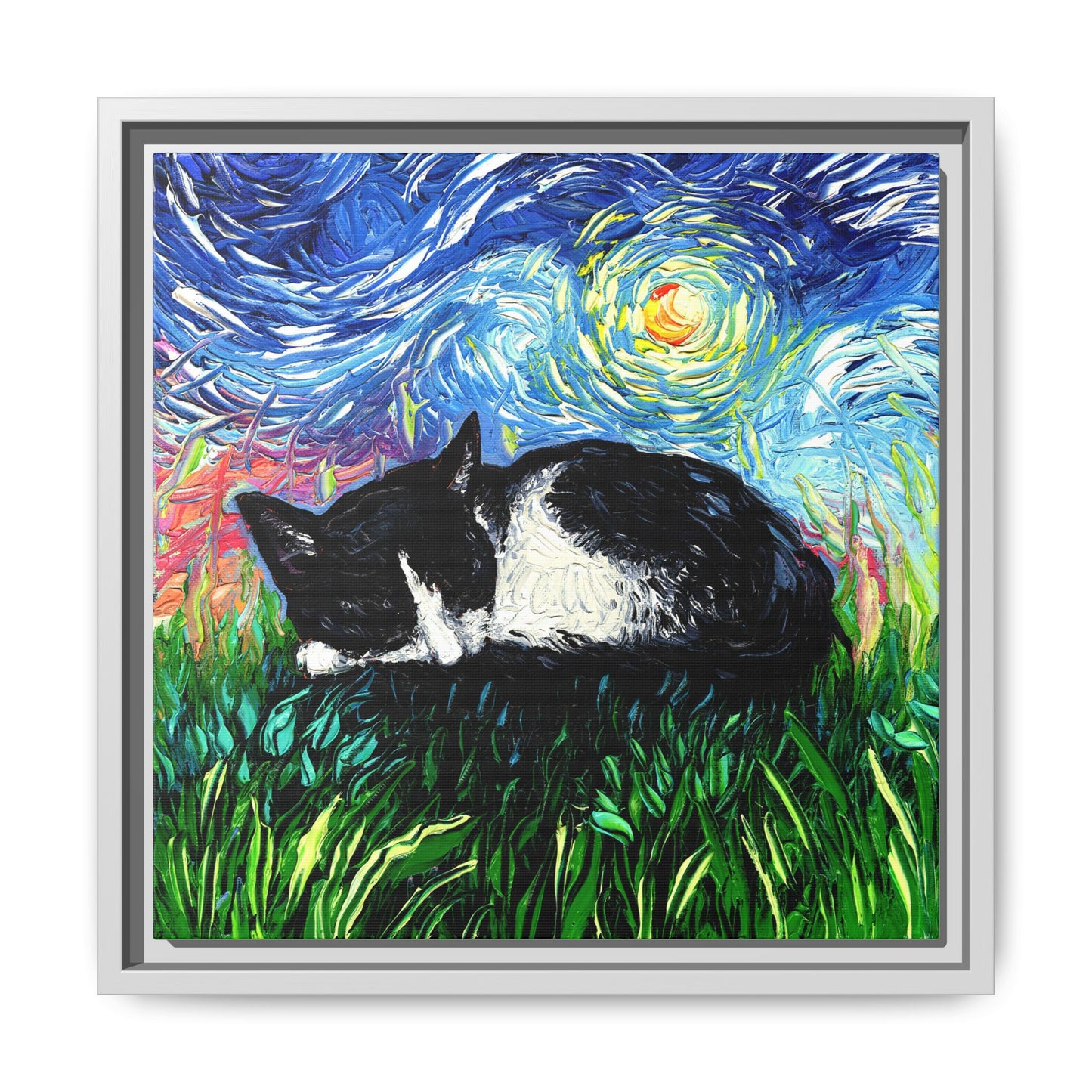 "Sleepy Tuxedo Kitten" Framed Canvas Wall Art