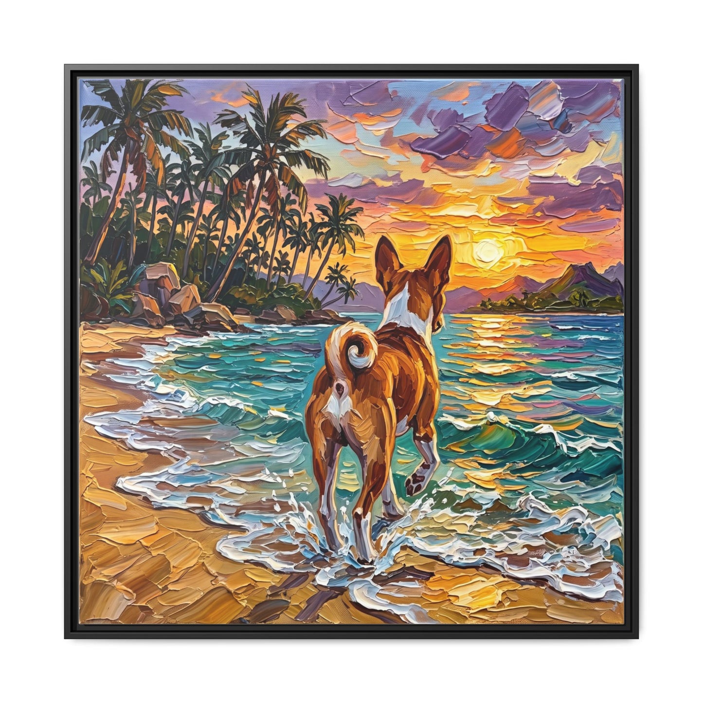 "Beach Day - Basenji" Framed Canvas Wall Art