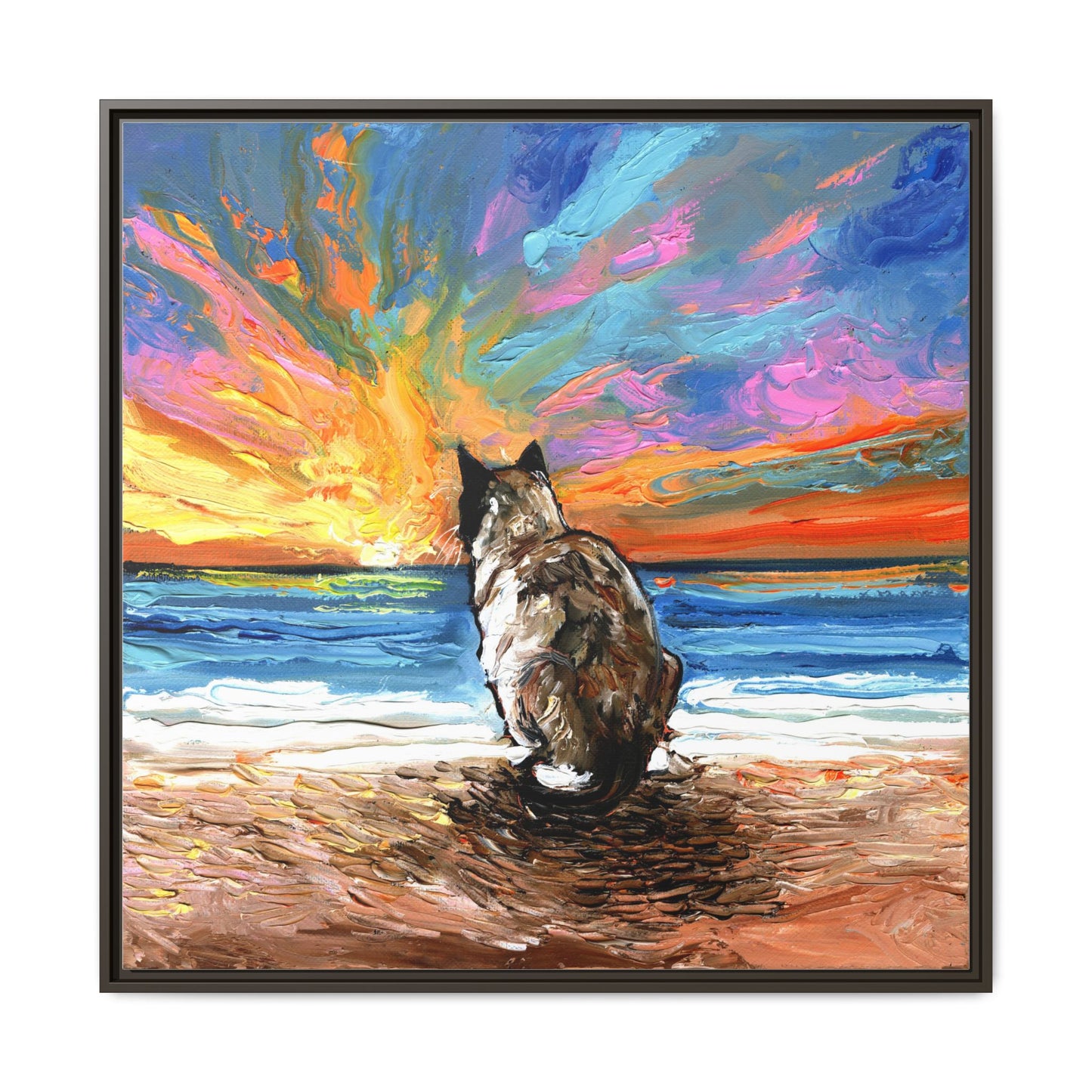"Beach Day - Snowshoe Cat" Framed Canvas Wall Art