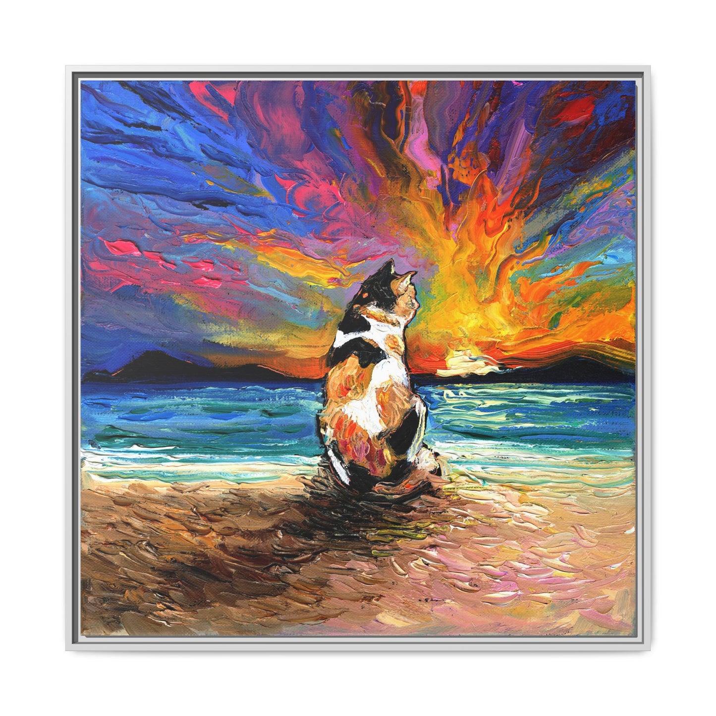 "Beach Day - Calico Cat" Framed Canvas Wall Art