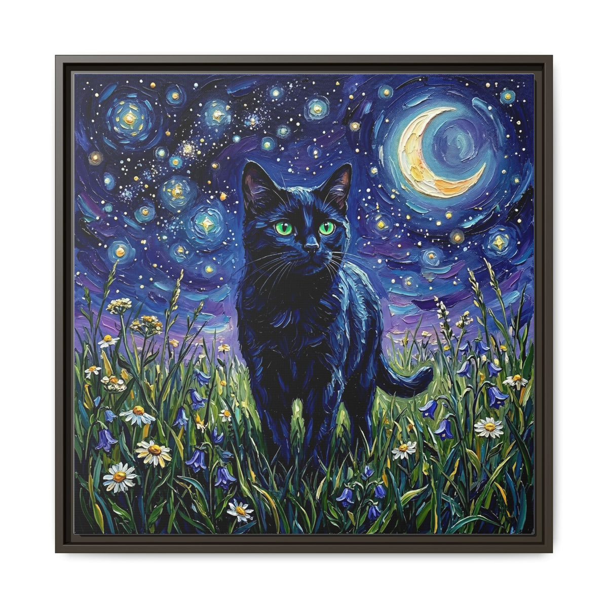 "Amongst The Flowers - Black Cat" Framed Canvas Wall Art