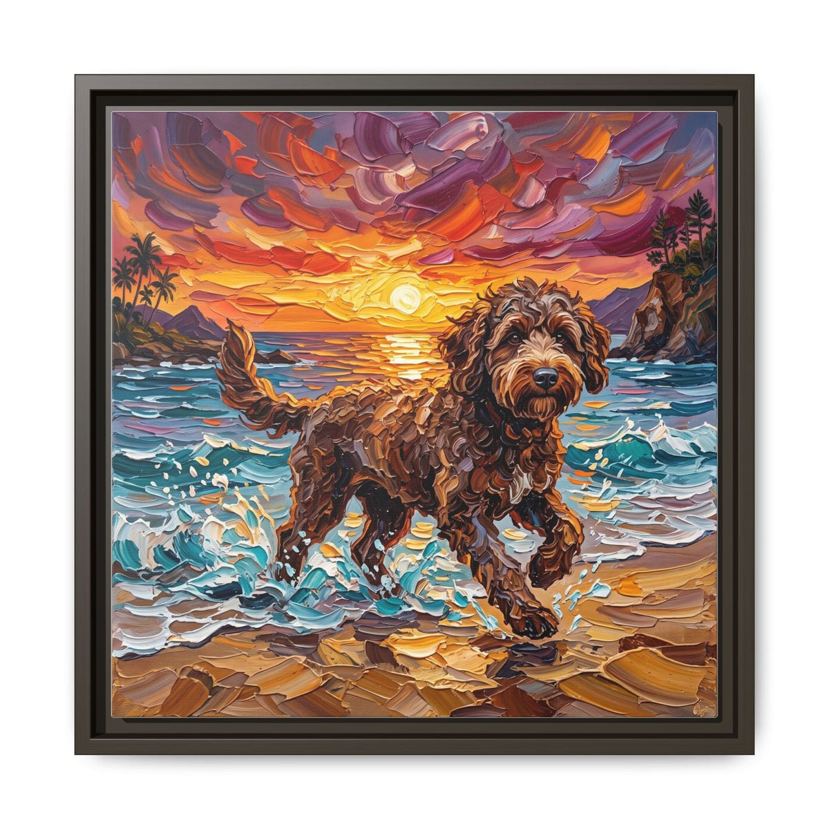 "Beach Day - Brown Goldendoodle" Framed Canvas Wall Art