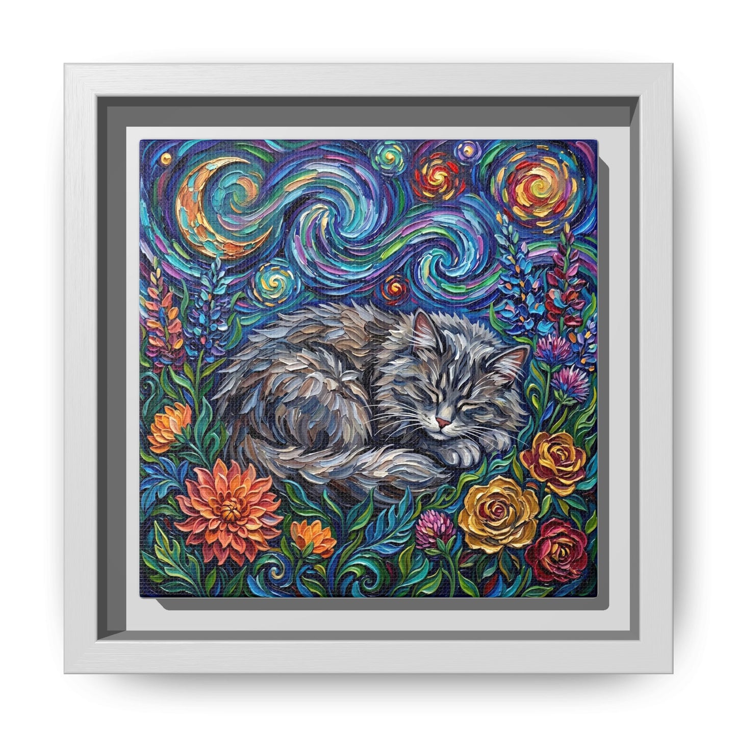 "Amongst The Flowers - Gray Domestic Long Haired Cat" Framed Canvas Wall Art