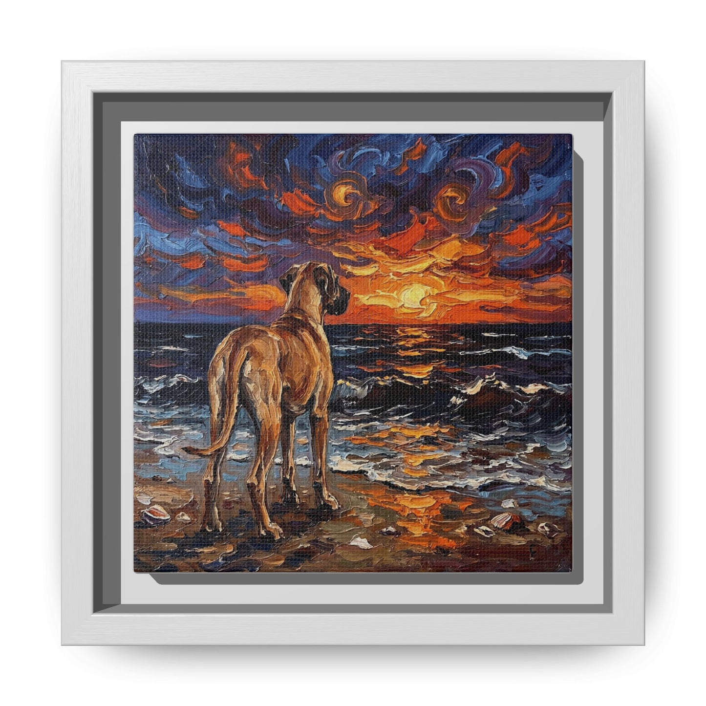 "Beach Sunset - Fawn Great Dane" Framed Canvas Wall Art