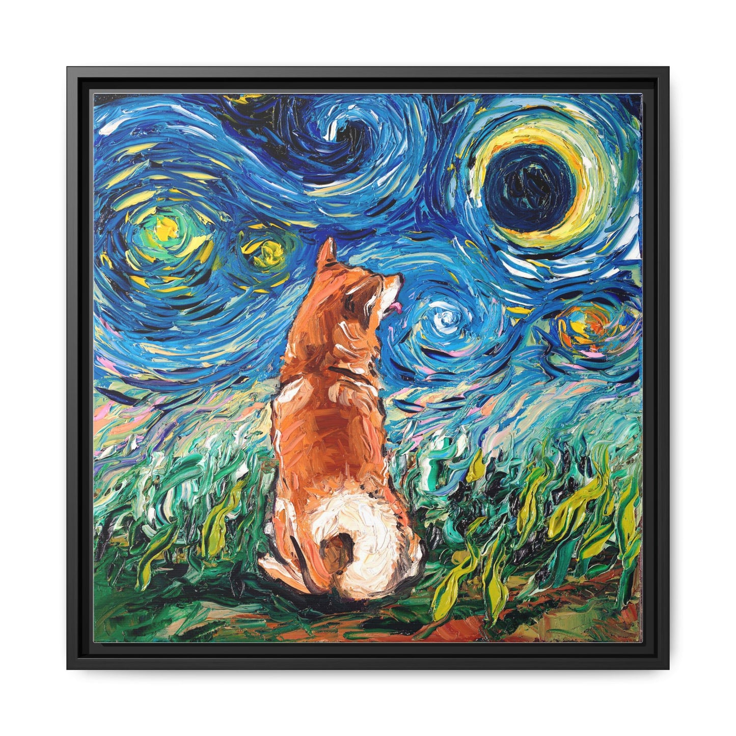 "Shiba Inu Night" Framed Canvas Wall Art