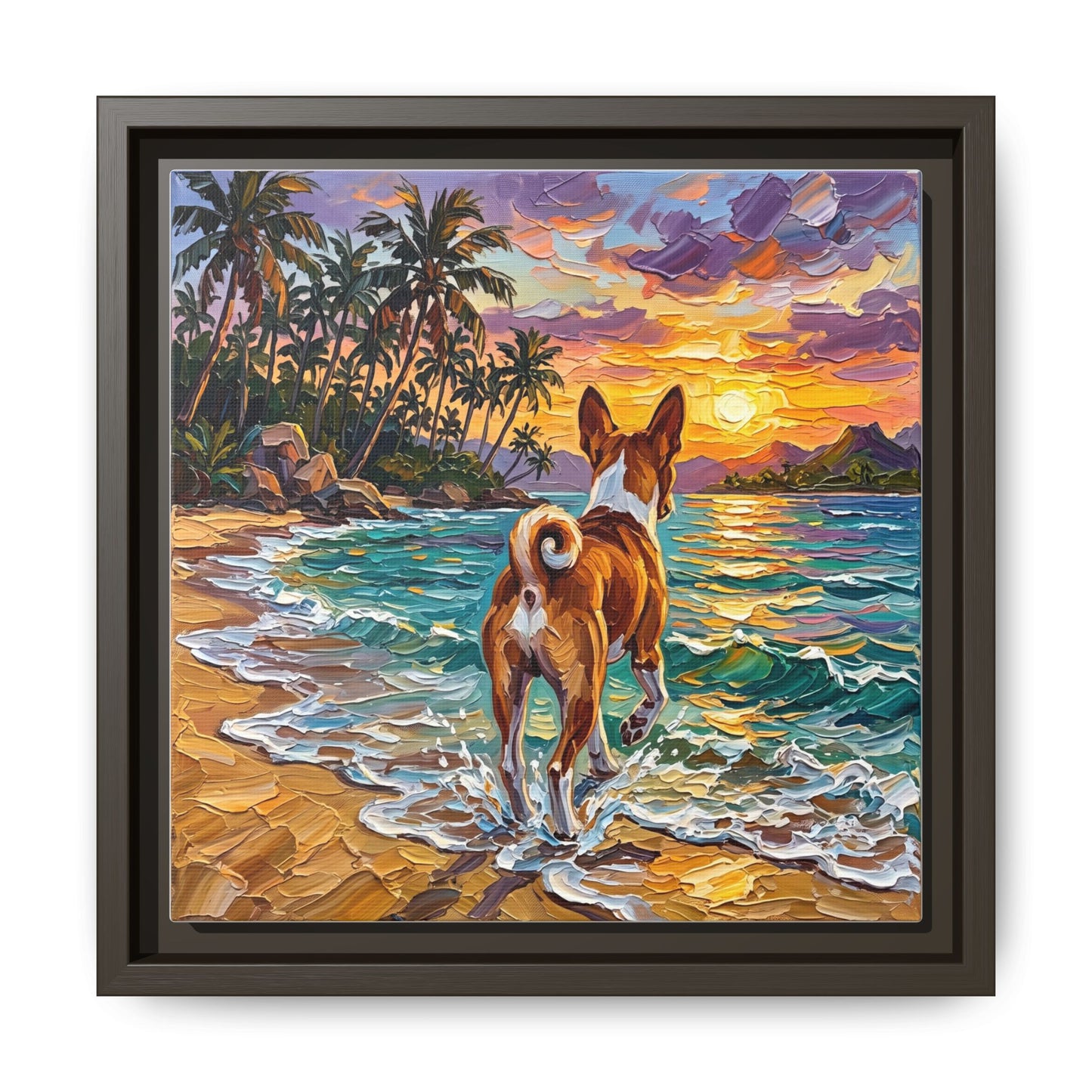 "Beach Day - Basenji" Framed Canvas Wall Art