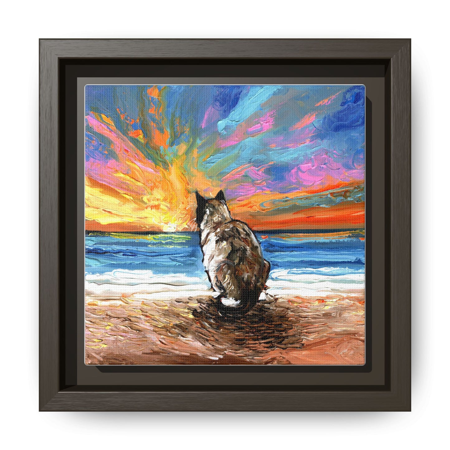 "Beach Day - Snowshoe Cat" Framed Canvas Wall Art