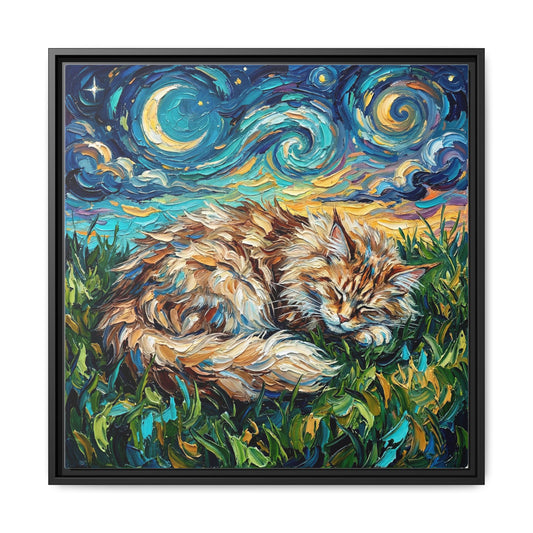 "Sleepy Maine Coon Night" Framed Canvas Wall Art