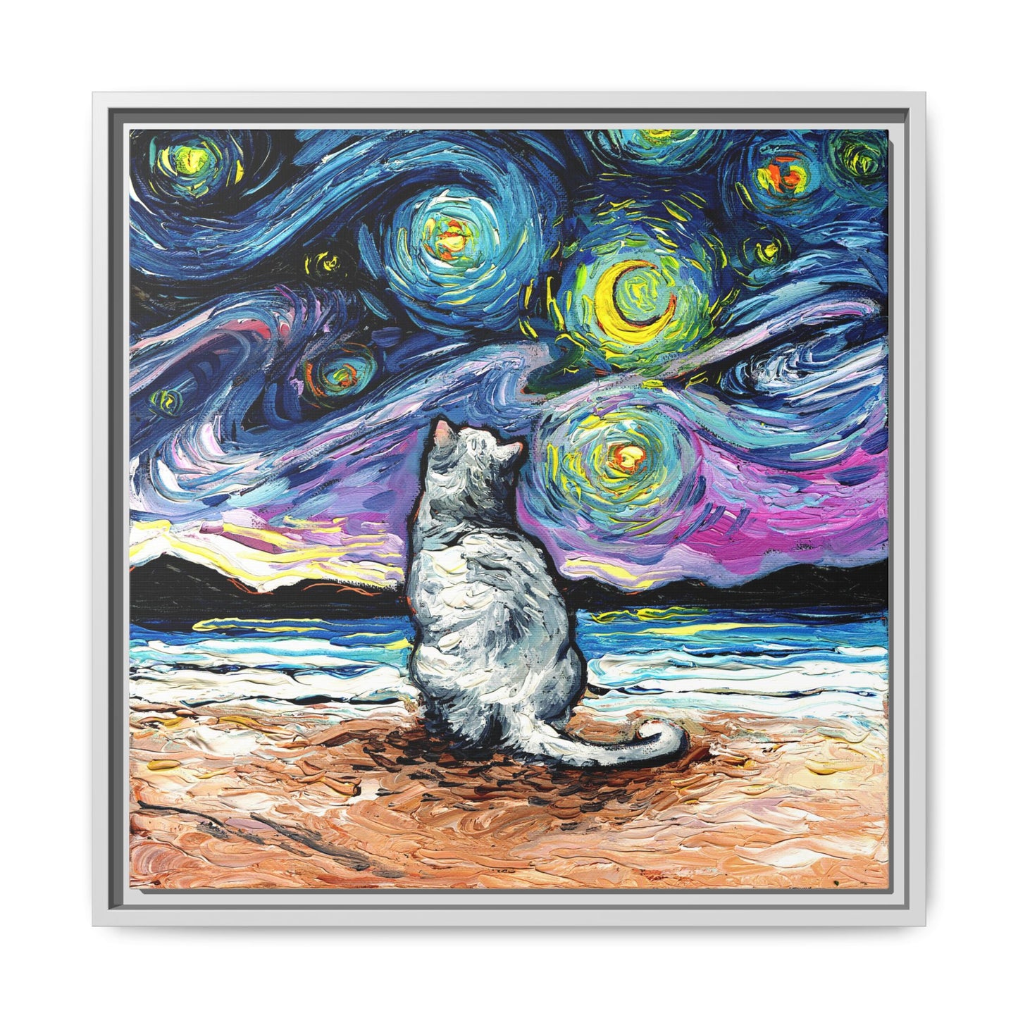 "White Cat Night 2" Framed Canvas Wall Art