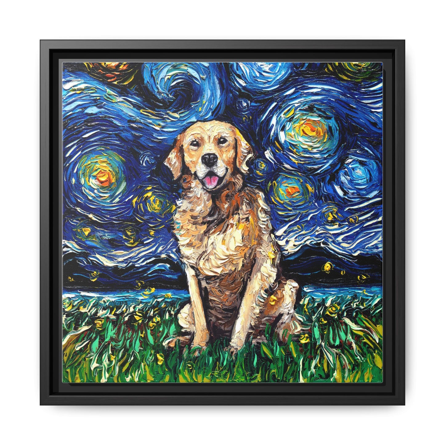"Golden Retriever Night" Framed Canvas Wall Art
