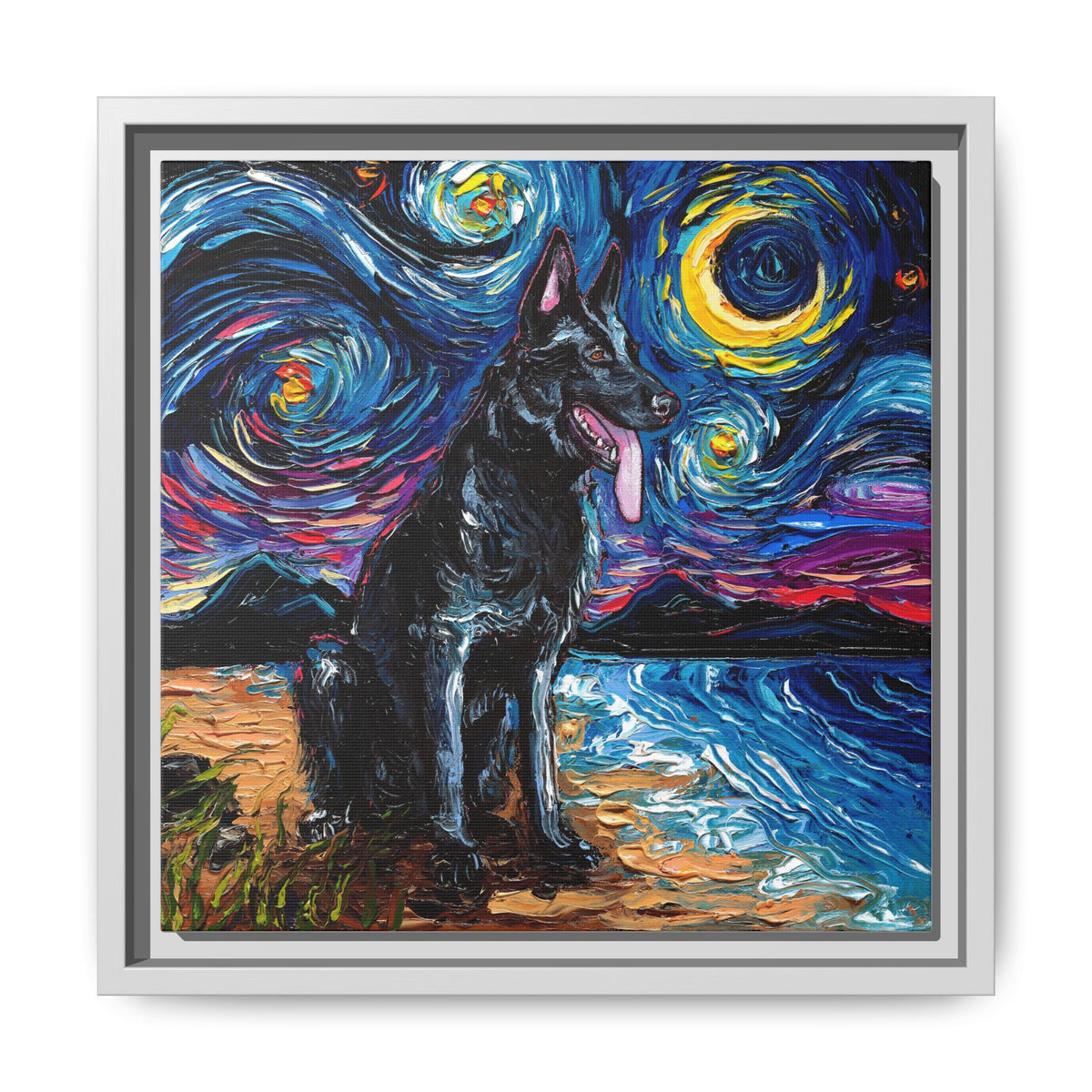 "Black German Shepherd Night" Framed Canvas Wall Art