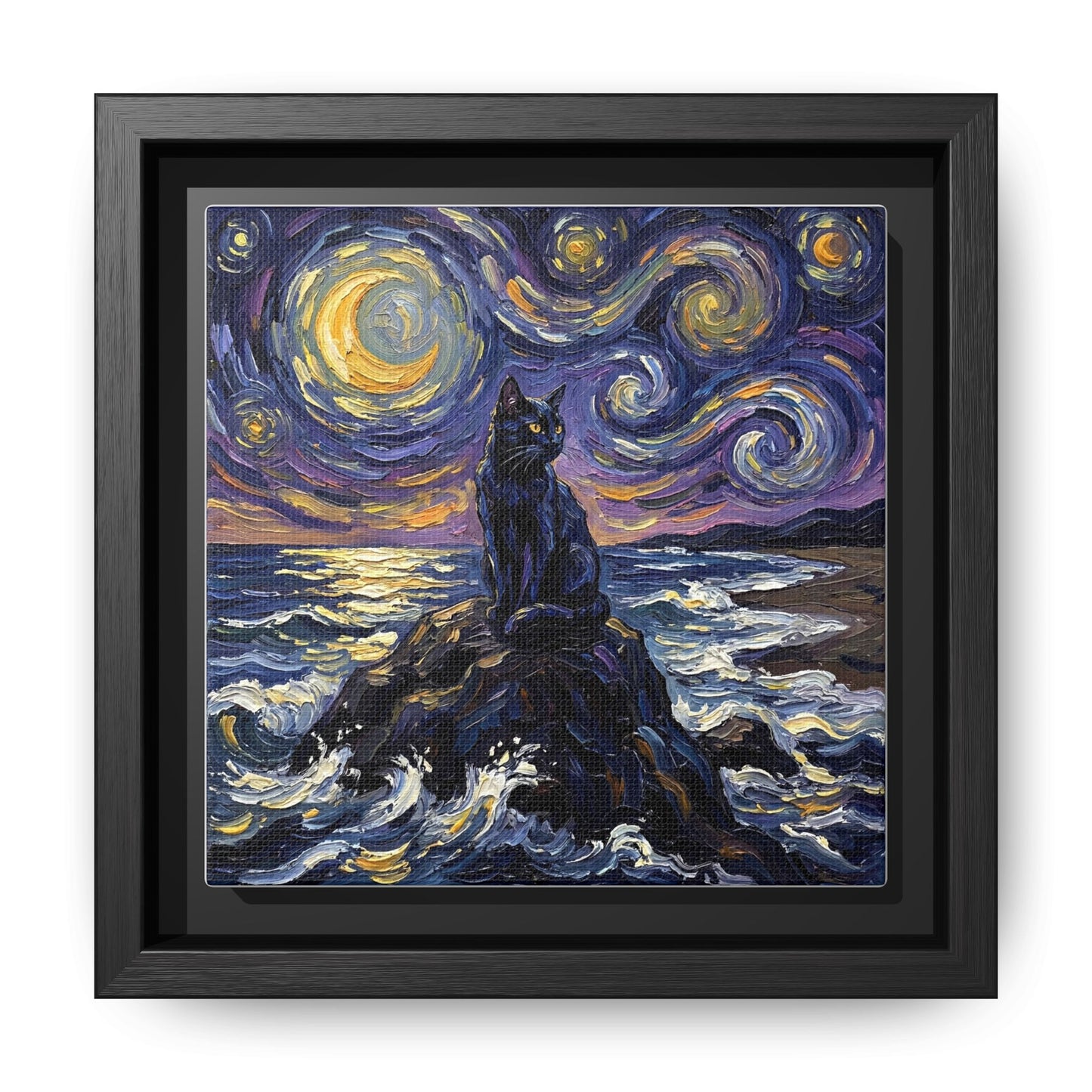 "Beach Night - Black Cat" Framed Canvas Wall Art