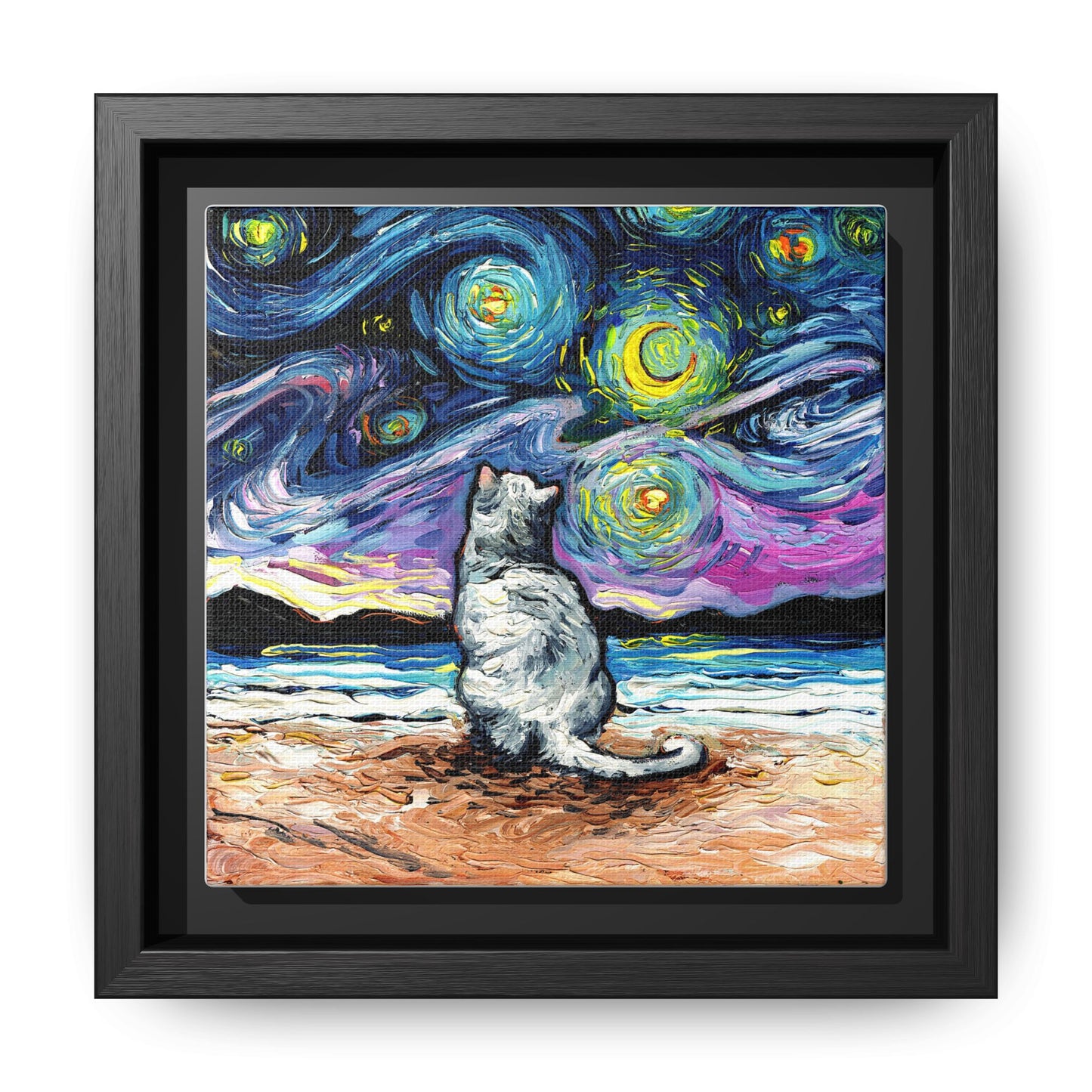"White Cat Night 2" Framed Canvas Wall Art