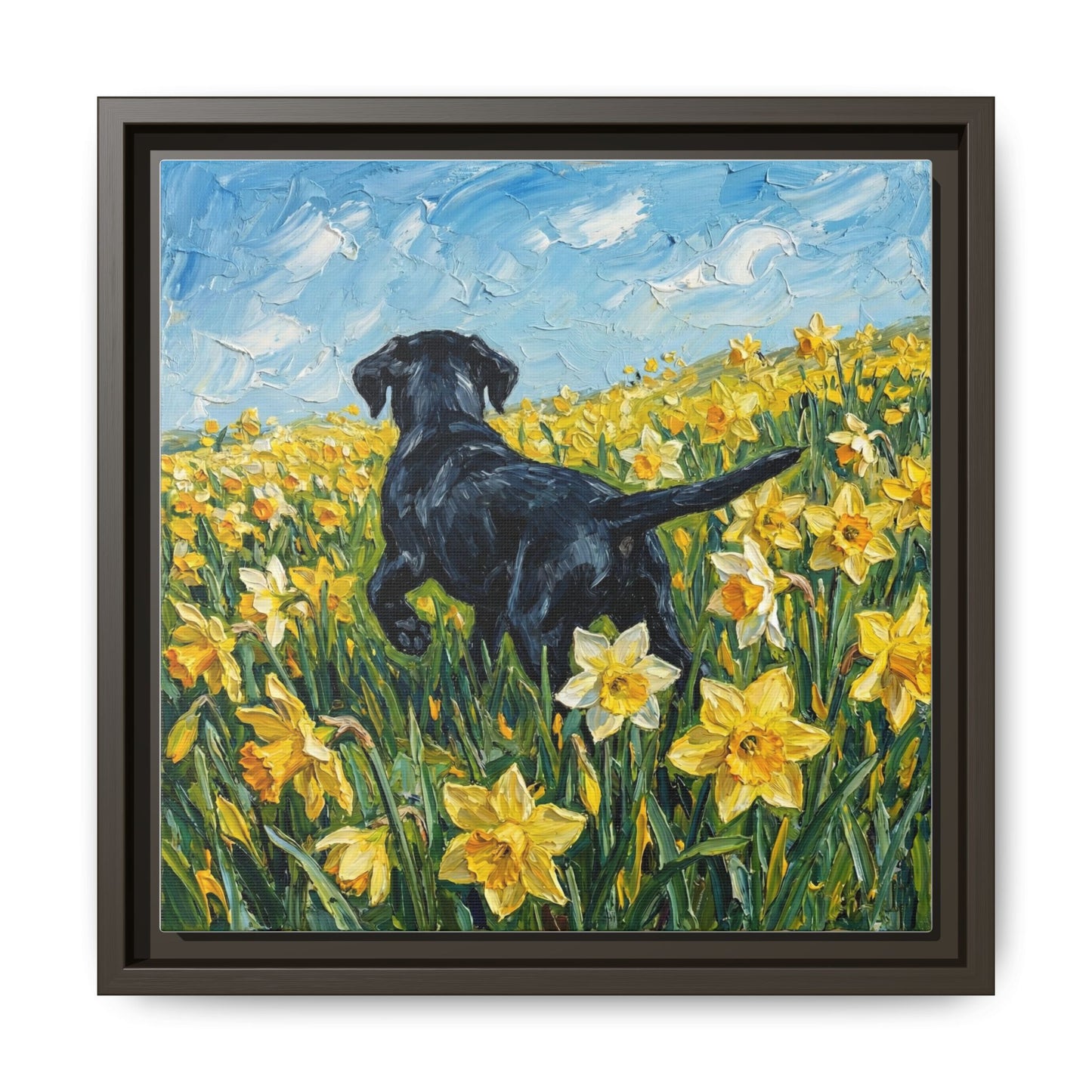 "Amongst The Flowers - Black Labrador" Framed Canvas Wall Art