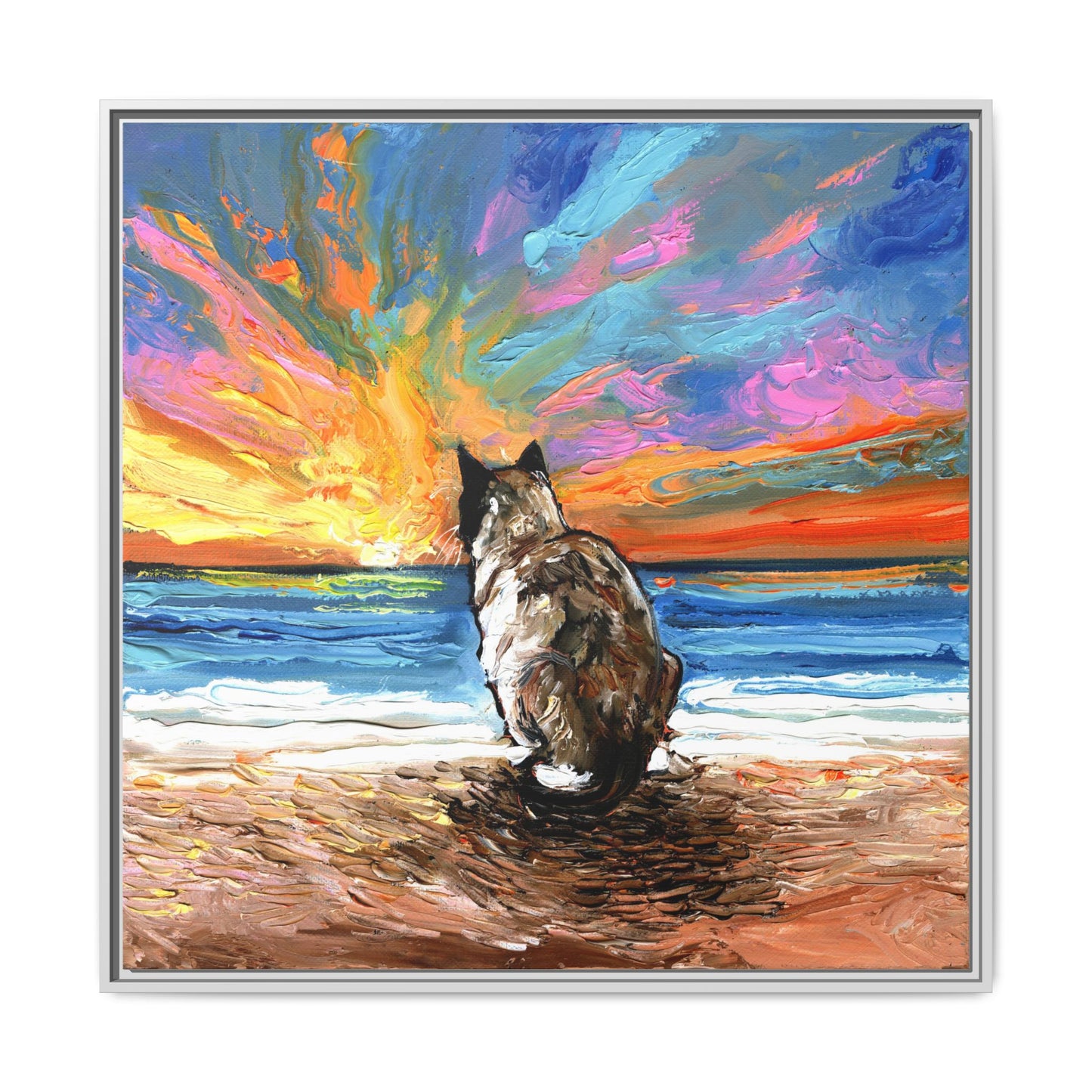 "Beach Day - Snowshoe Cat" Framed Canvas Wall Art