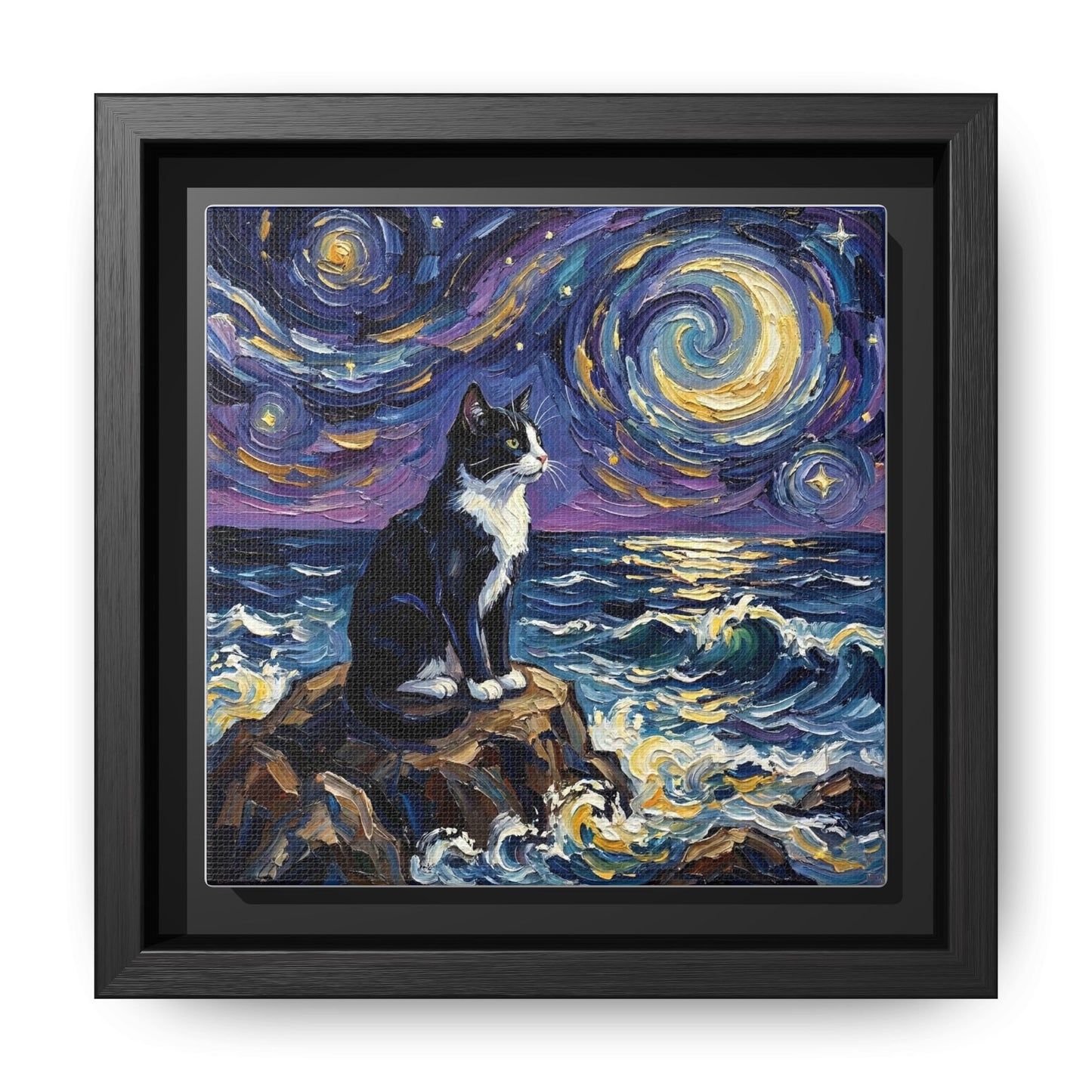 "Beach Night - Tuxedo Cat" Framed Canvas Wall Art