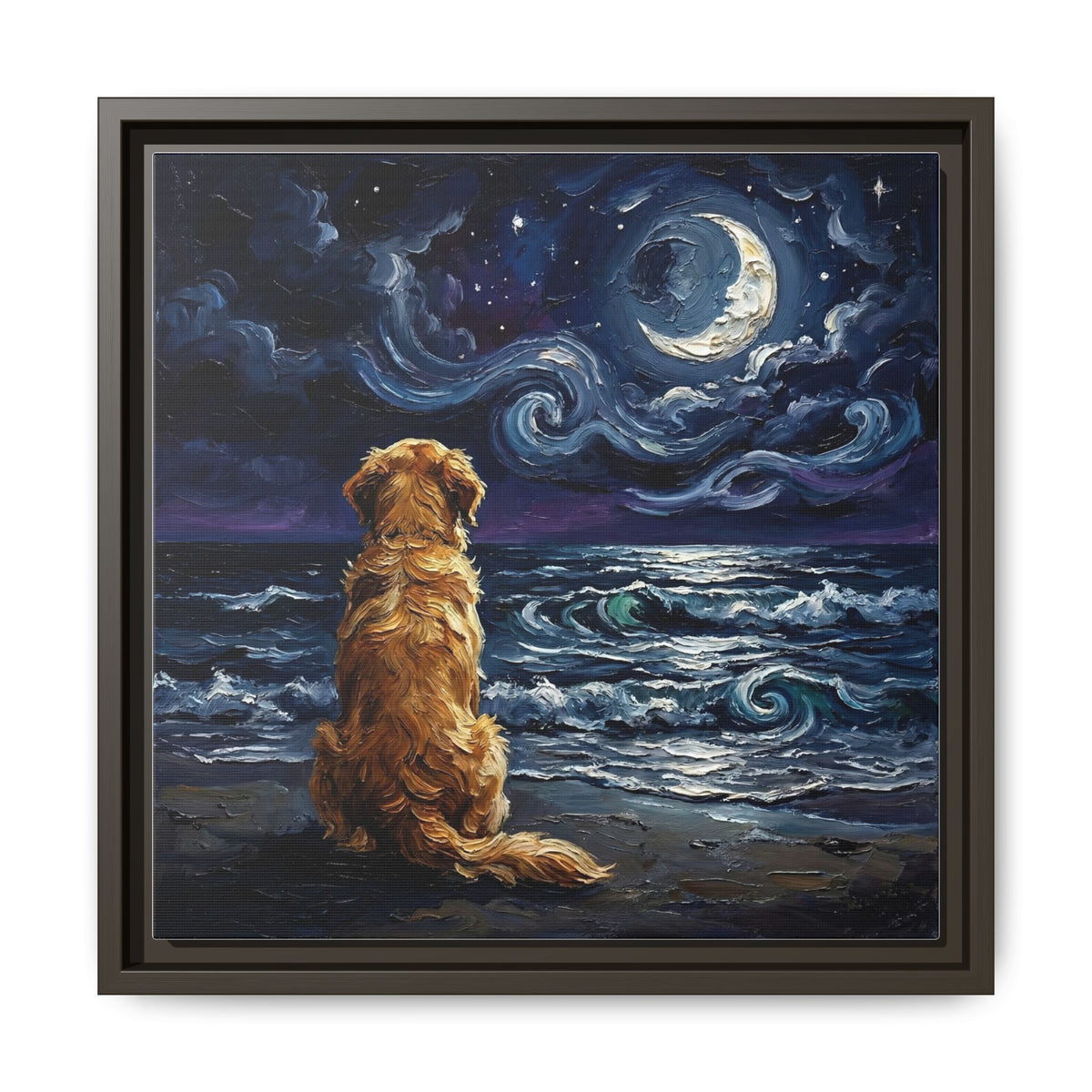 "Beach Night - Golden Retriever" Framed Canvas Wall Art