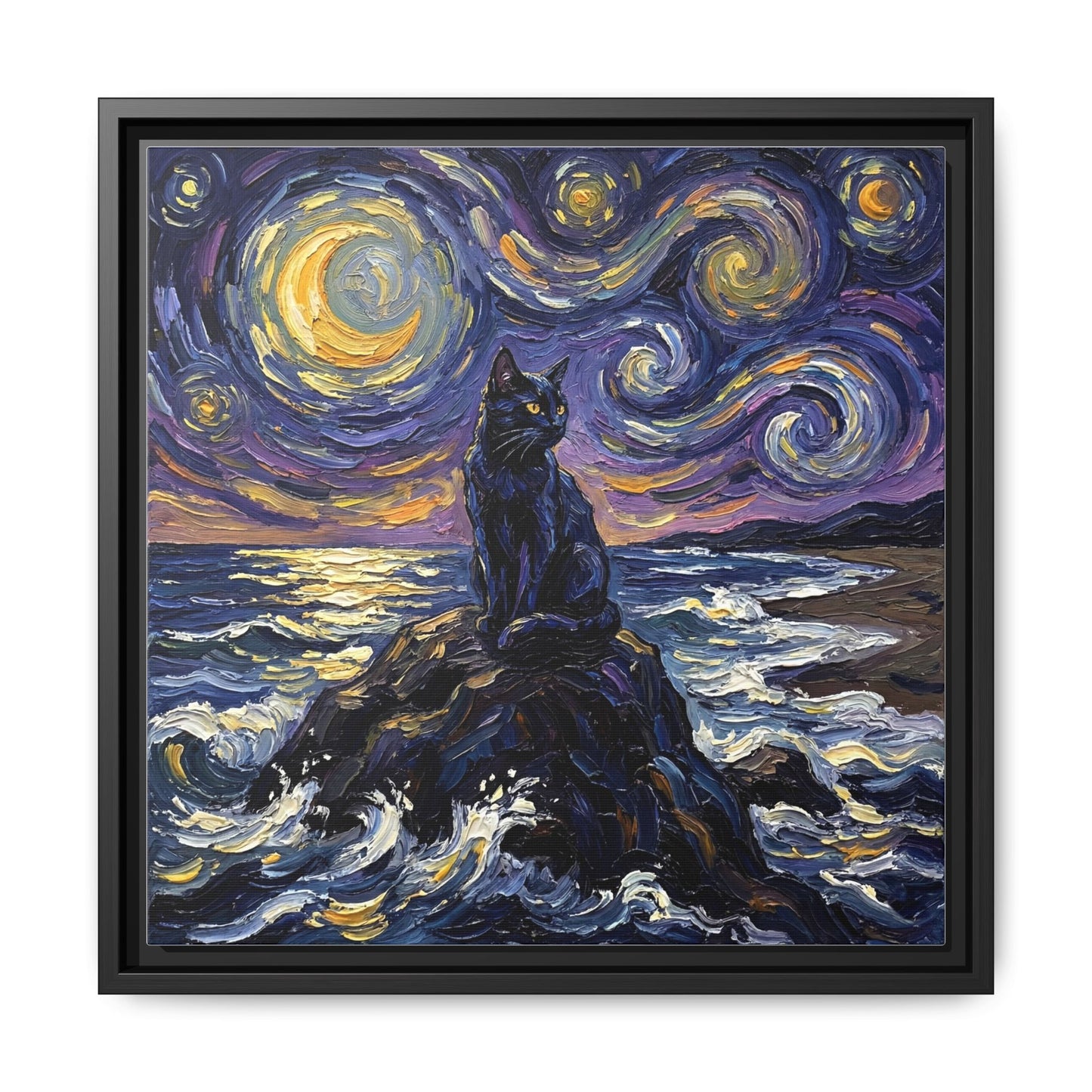 "Beach Night - Black Cat" Framed Canvas Wall Art