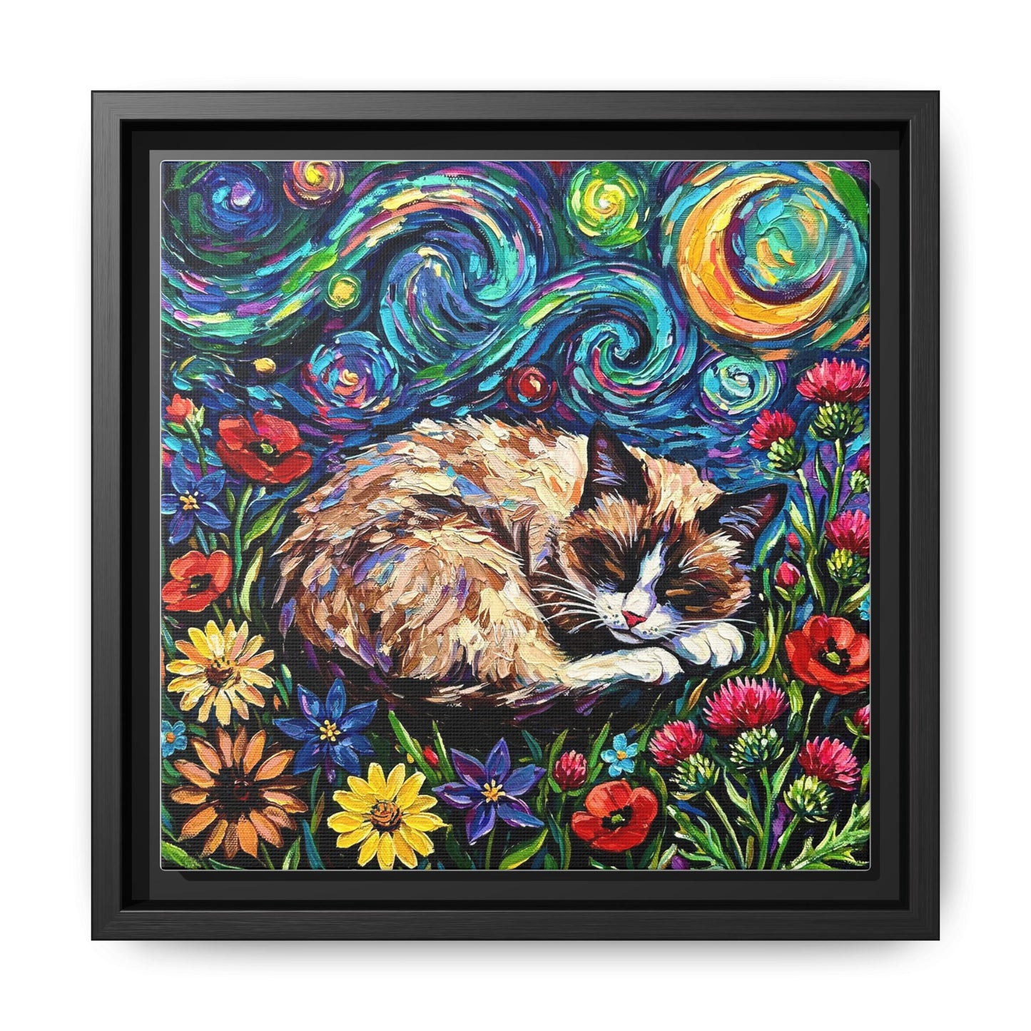 "Sleepy Snowshoe Cat Night" Framed Canvas Wall Art