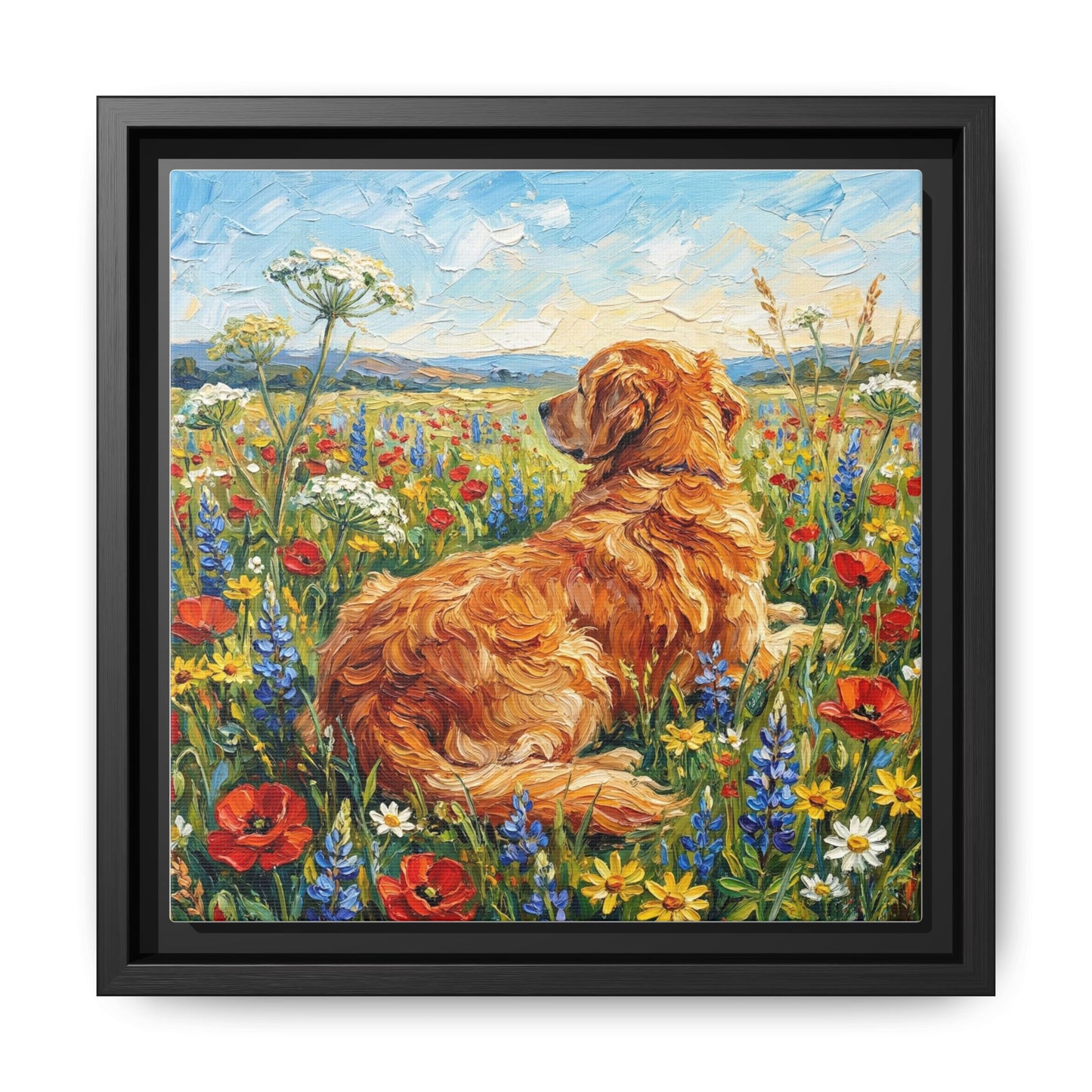 "Amongst The Flowers - Golden Retriever" Framed Canvas Wall Art