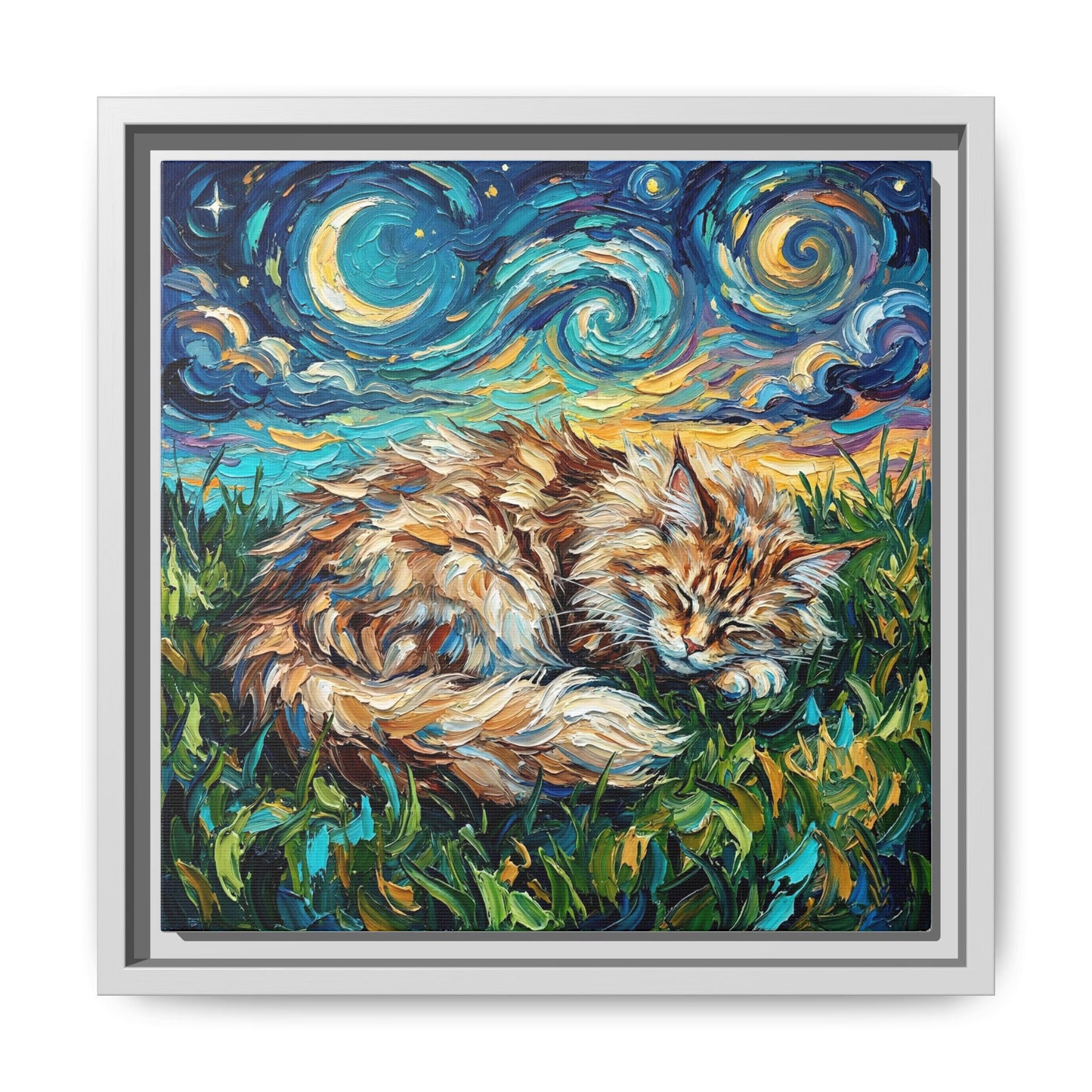 "Sleepy Maine Coon Night" Framed Canvas Wall Art