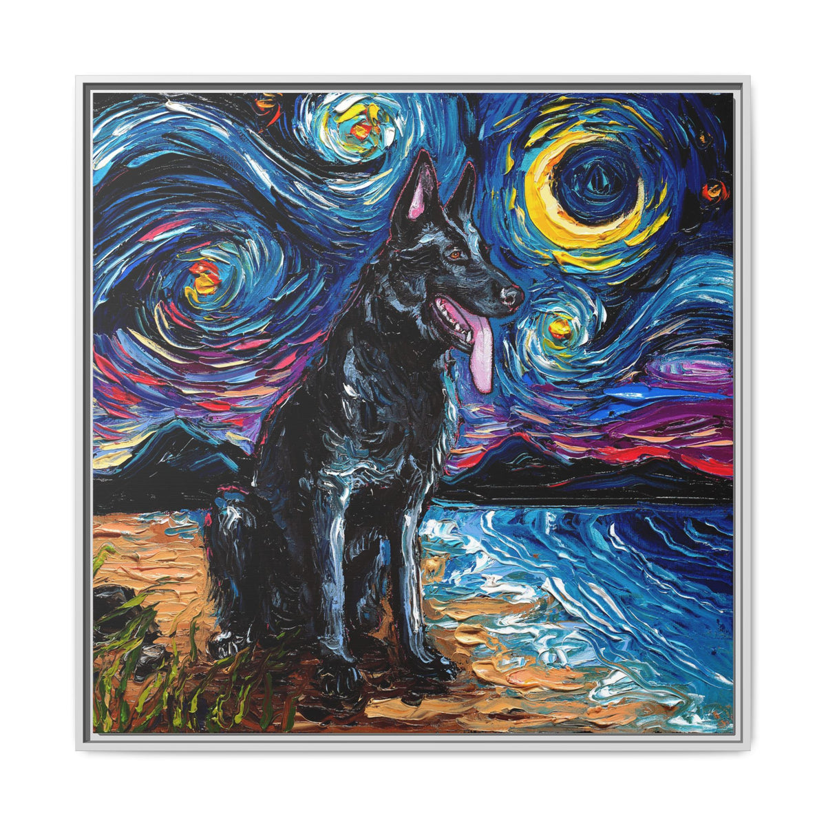 "Black German Shepherd Night" Framed Canvas Wall Art
