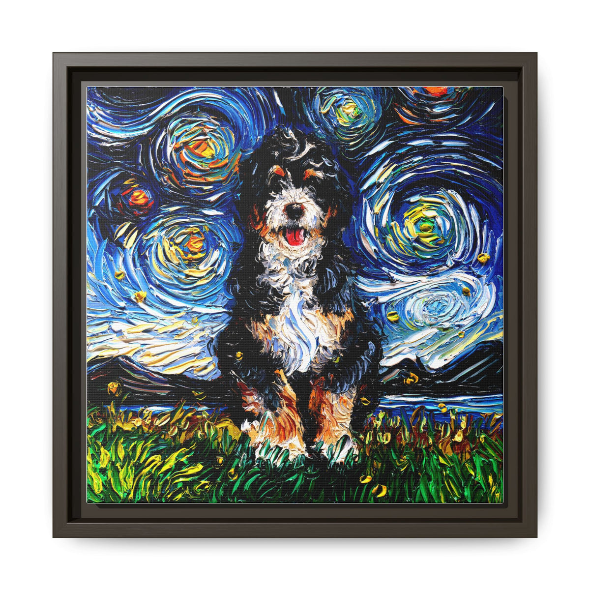 "Bernedoodle Night" Framed Canvas Wall Art
