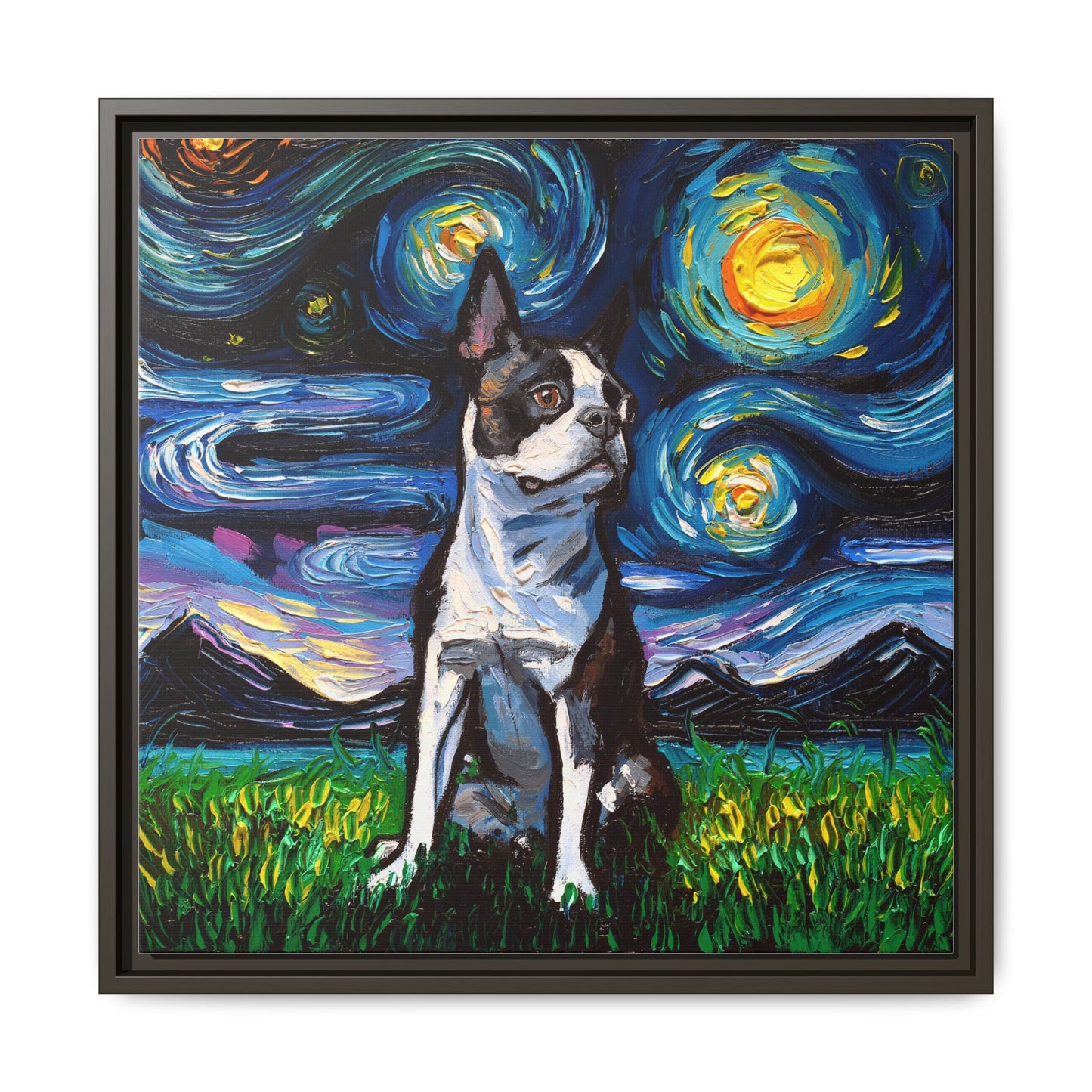 "Boston Terrier Night" Framed Canvas Wall Art