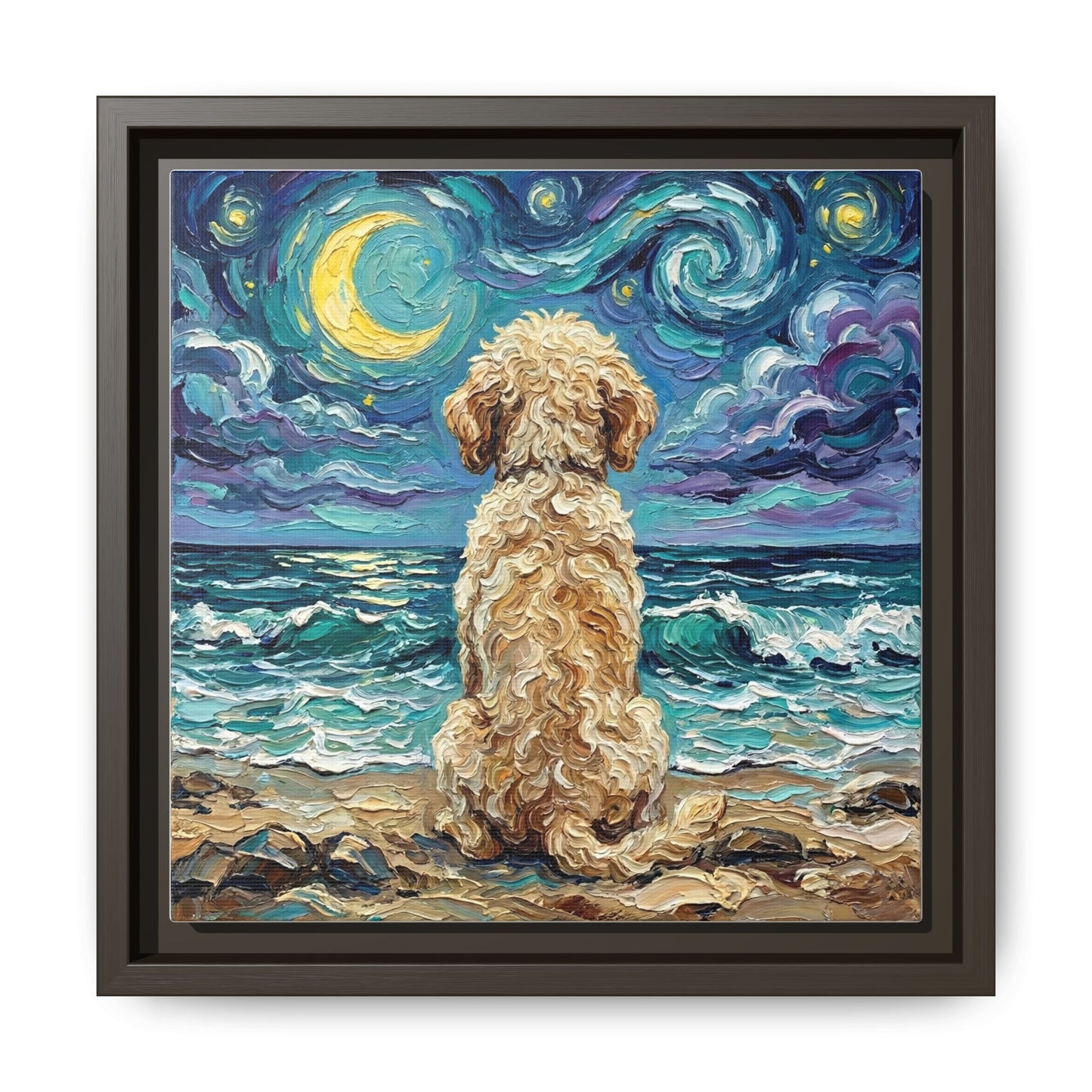 "Beach Nights - Goldendoodle" Framed Canvas Wall Art