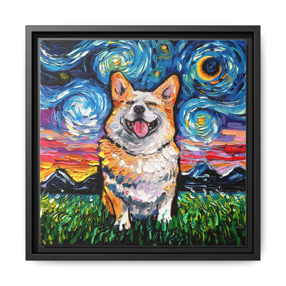"Smiling Corgi Night" Framed Canvas Wall Art