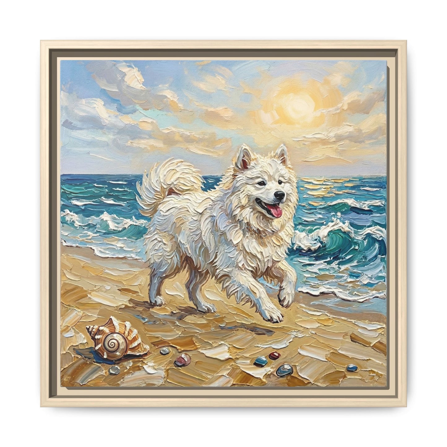 "Beach Day - Samoyed" Framed Canvas Wall Art