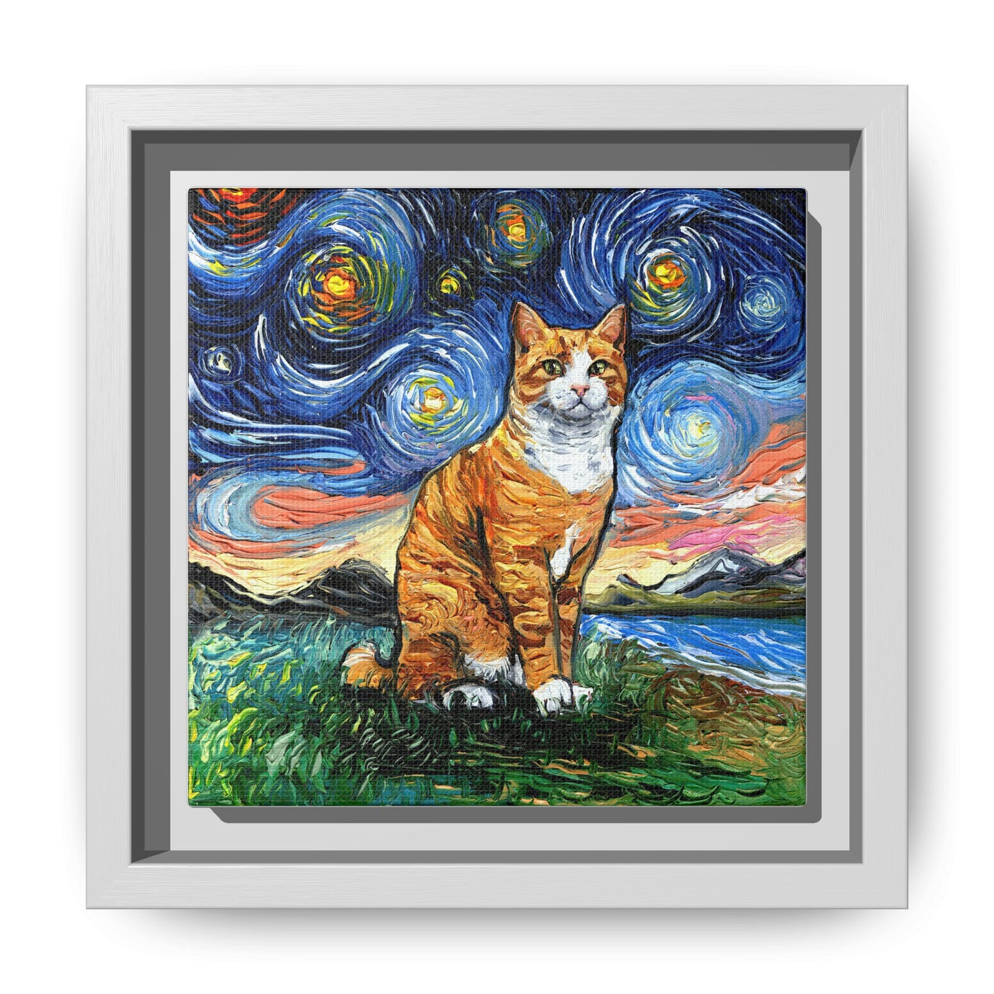 "Orange Tuxedo Tabby Night" Framed Canvas Wall Art