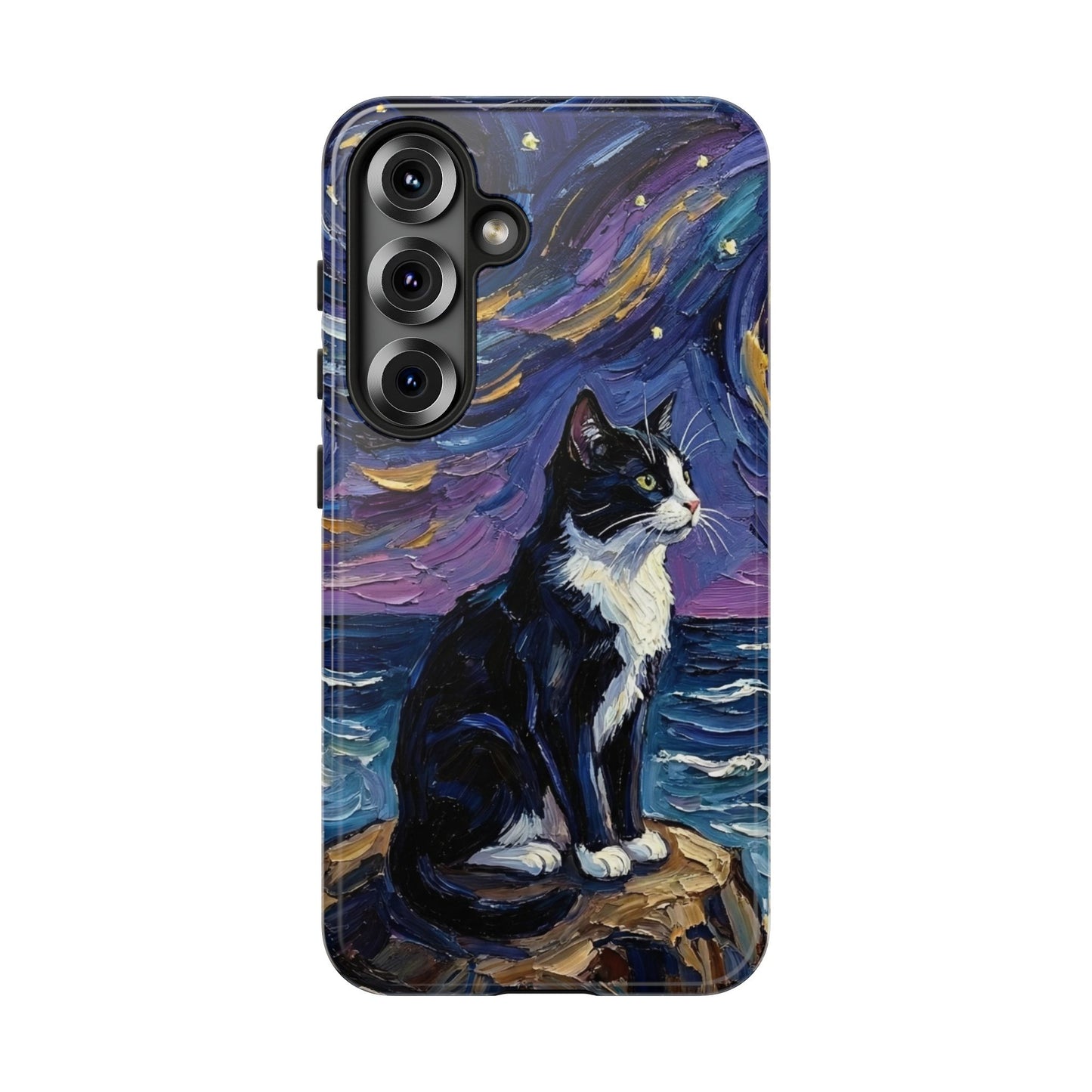 Tuxedo Cat Coastal Starry Night Art Phone Case