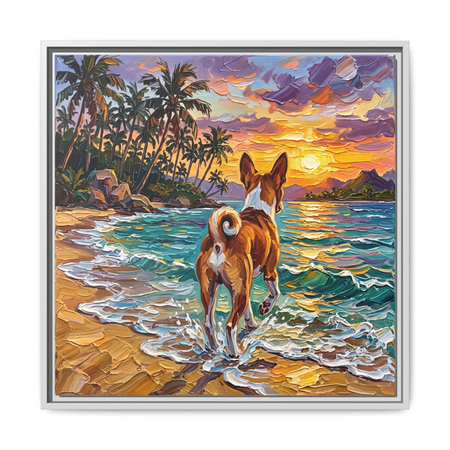 "Beach Day - Basenji" Framed Canvas Wall Art
