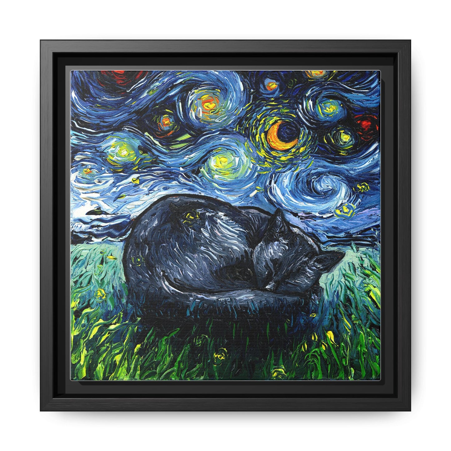 "Sleepy Black Cat Night" Framed Canvas Wall Art