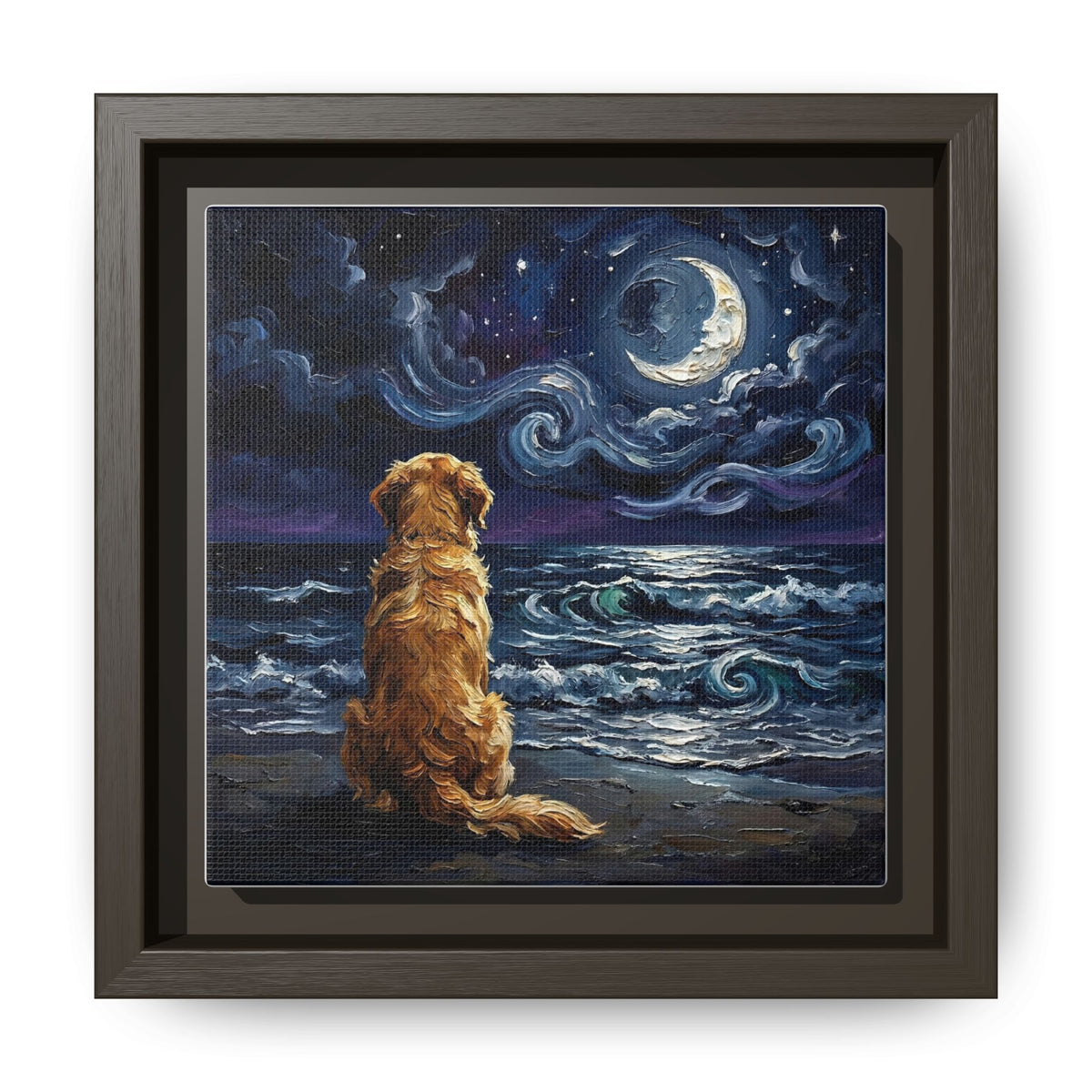 "Beach Night - Golden Retriever" Framed Canvas Wall Art