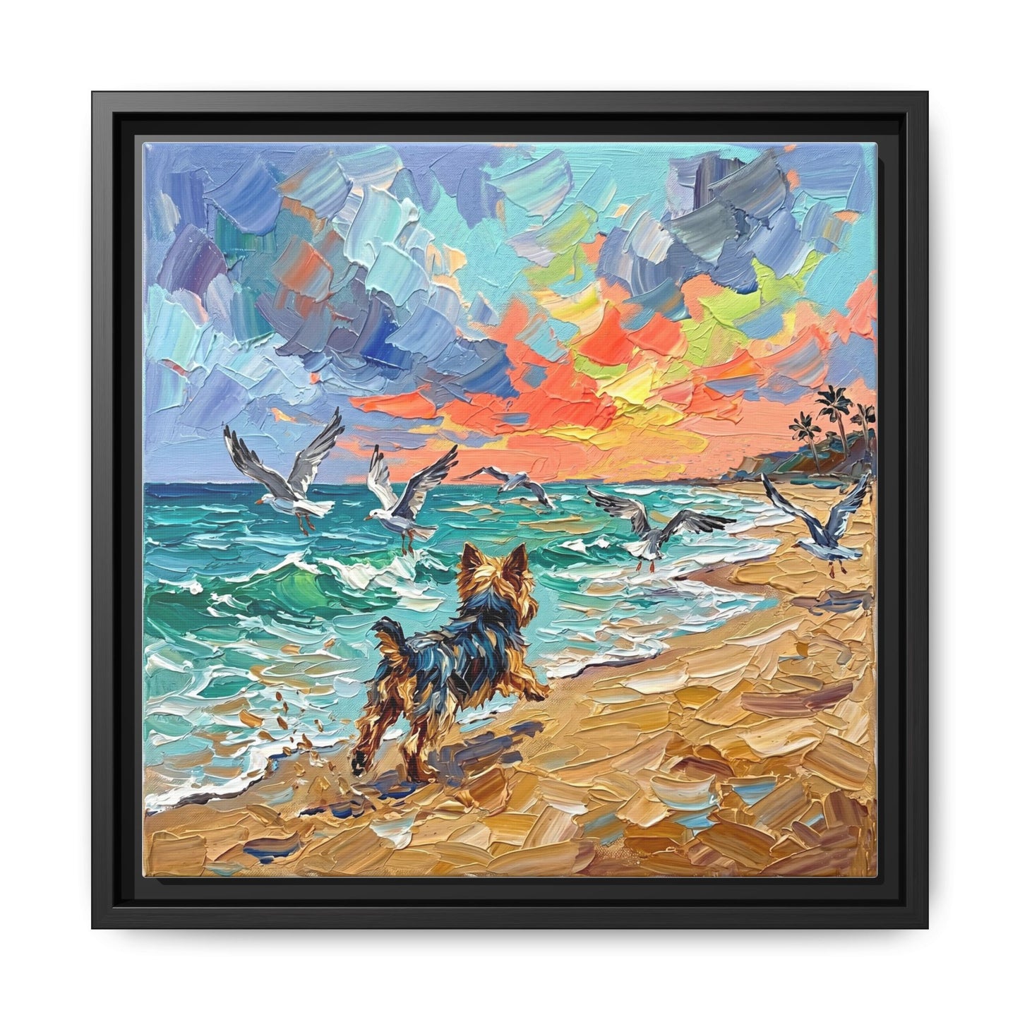 "Beach Day - Yorkie 2" Framed Canvas Wall Art