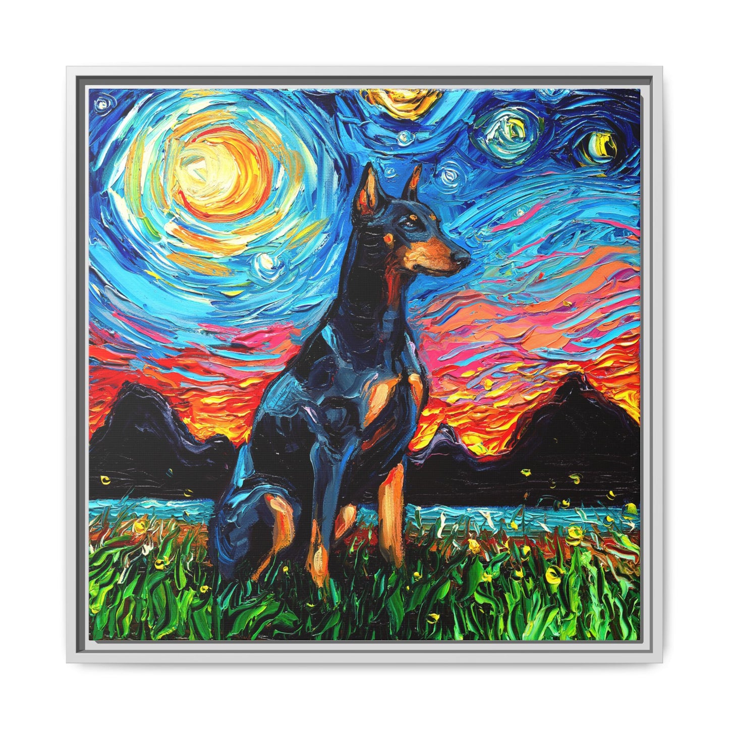 "Doberman Night" Framed Canvas Wall Art