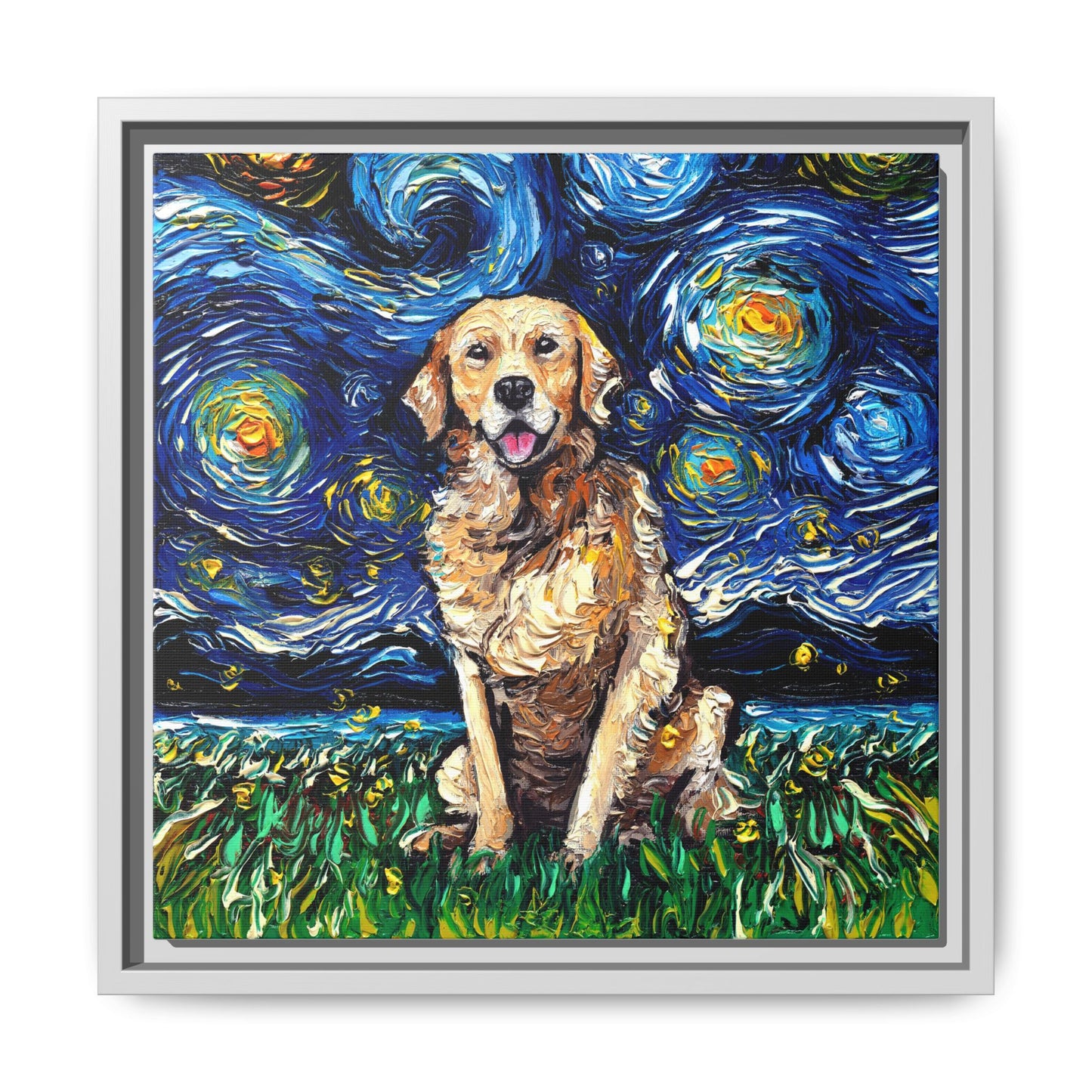 "Golden Retriever Night" Framed Canvas Wall Art