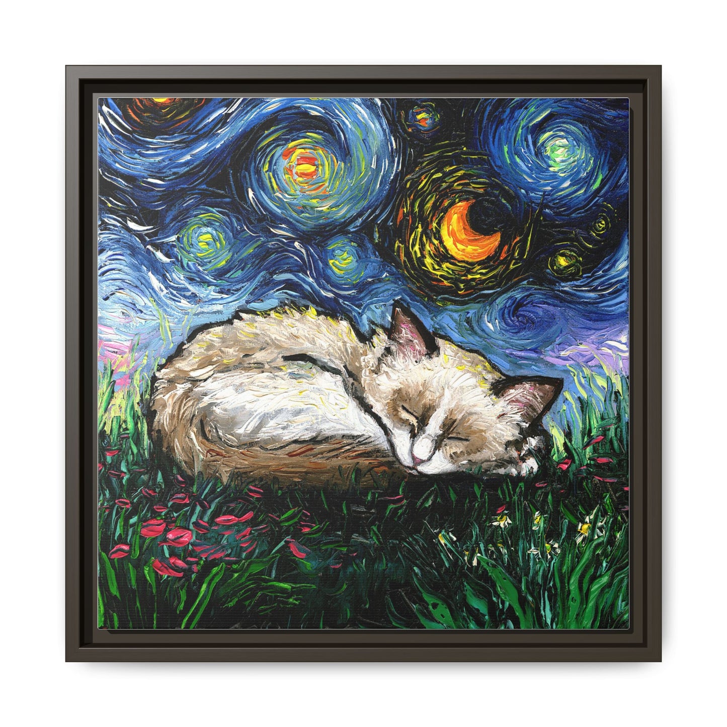 "Sleepy Ragdoll Kitten Night" Framed Canvas Wall Art