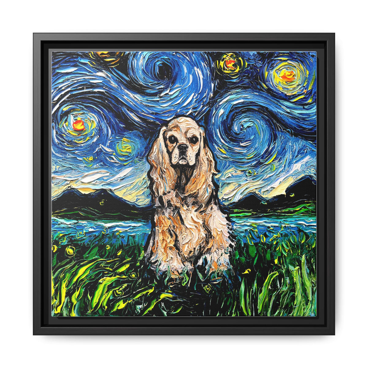 "Buff American Cocker Spaniel Night" Framed Canvas Wall Art