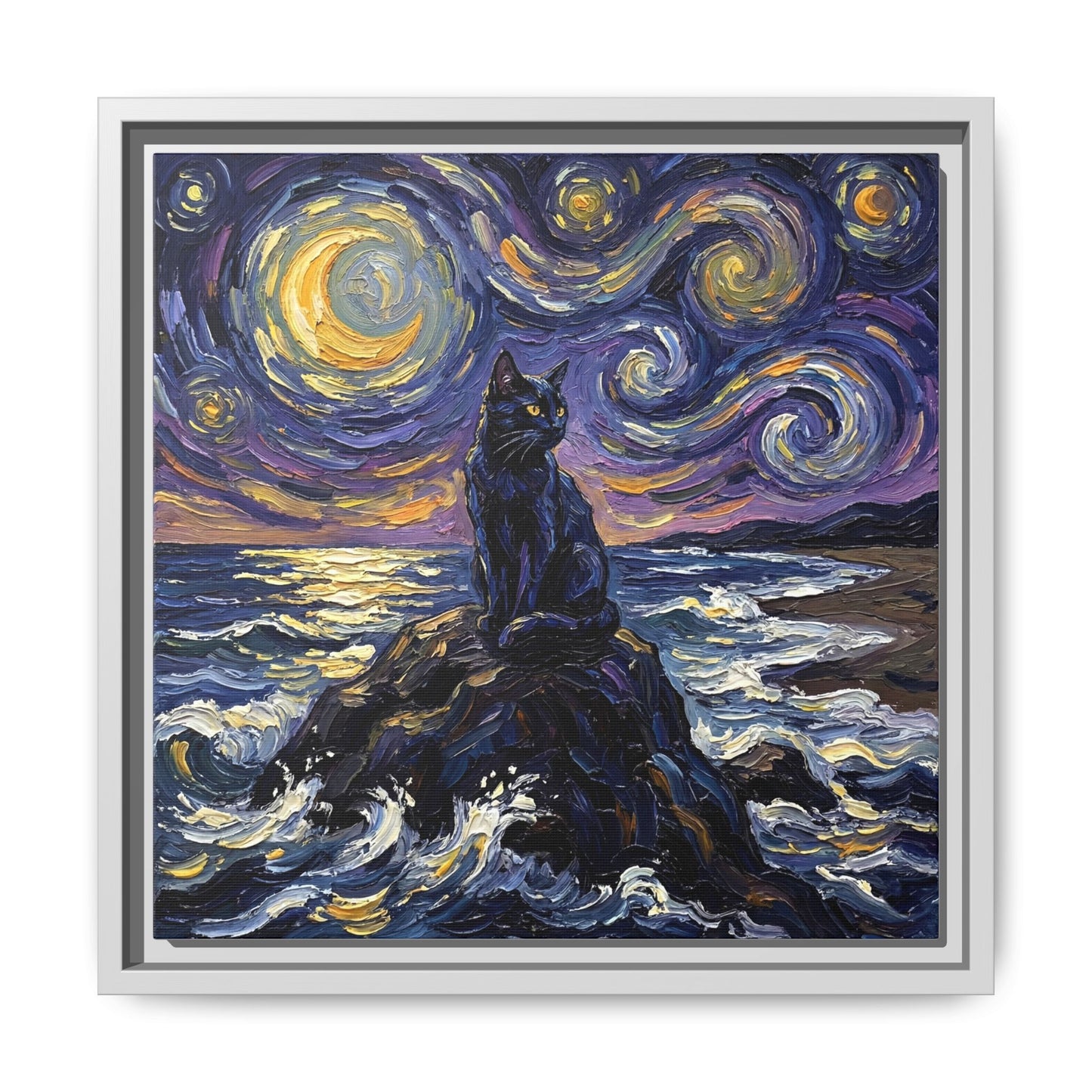 "Beach Night - Black Cat" Framed Canvas Wall Art