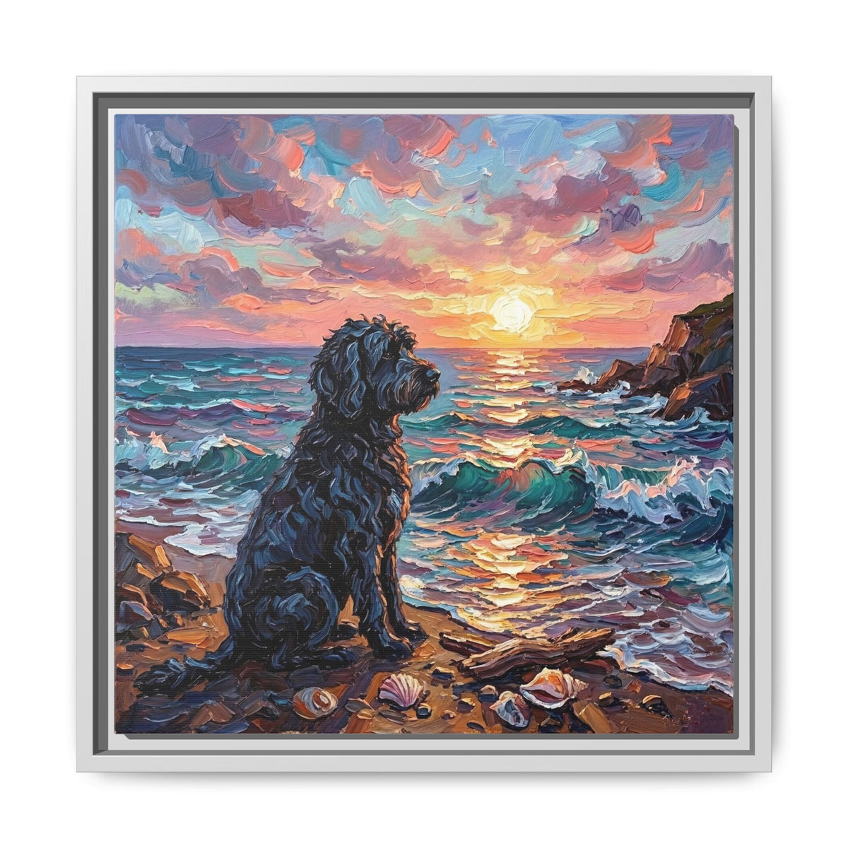 "Beach Days - Portuguese Water Dog" Framed Canvas Wall Art