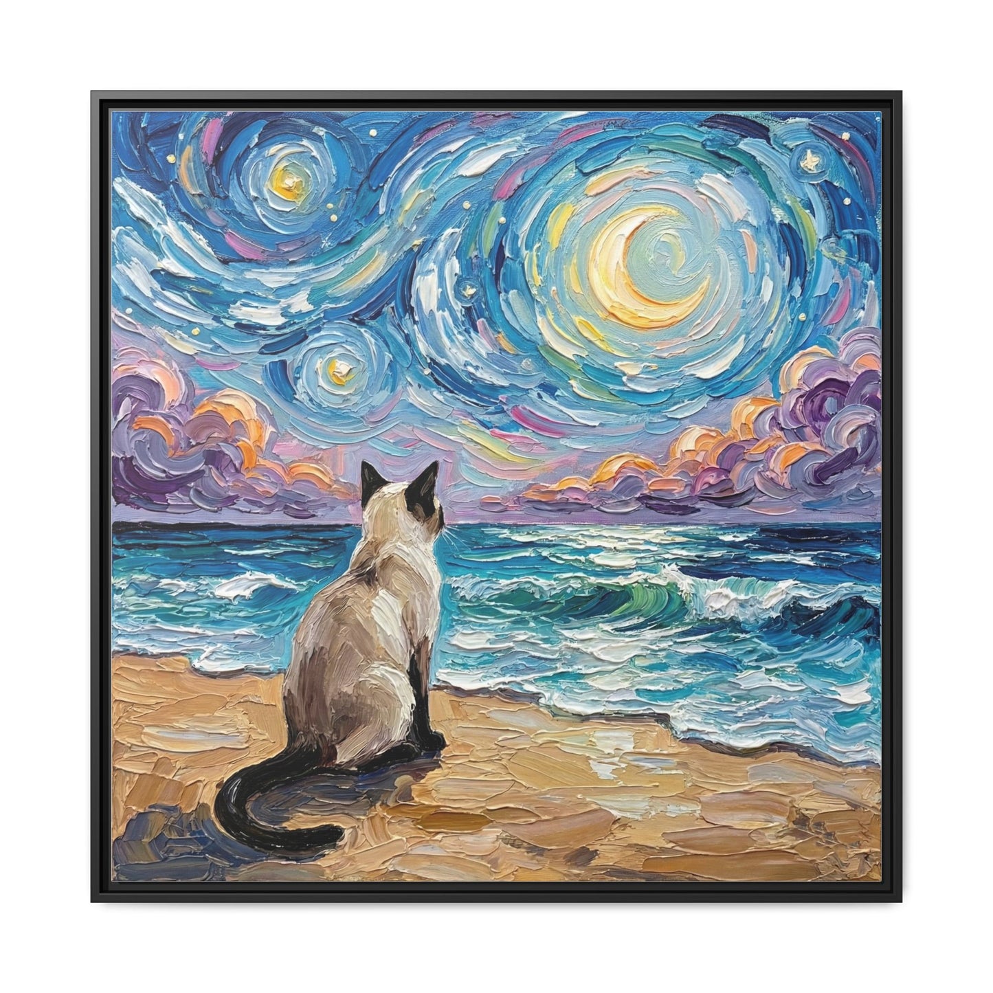 "Beach Night - Siamese Cat" Framed Canvas Wall Art