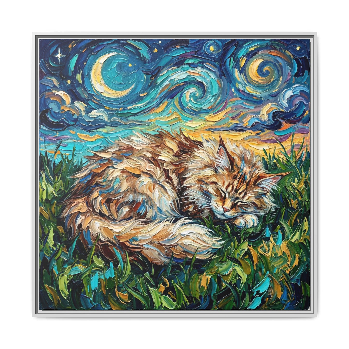 "Sleepy Maine Coon Night" Framed Canvas Wall Art