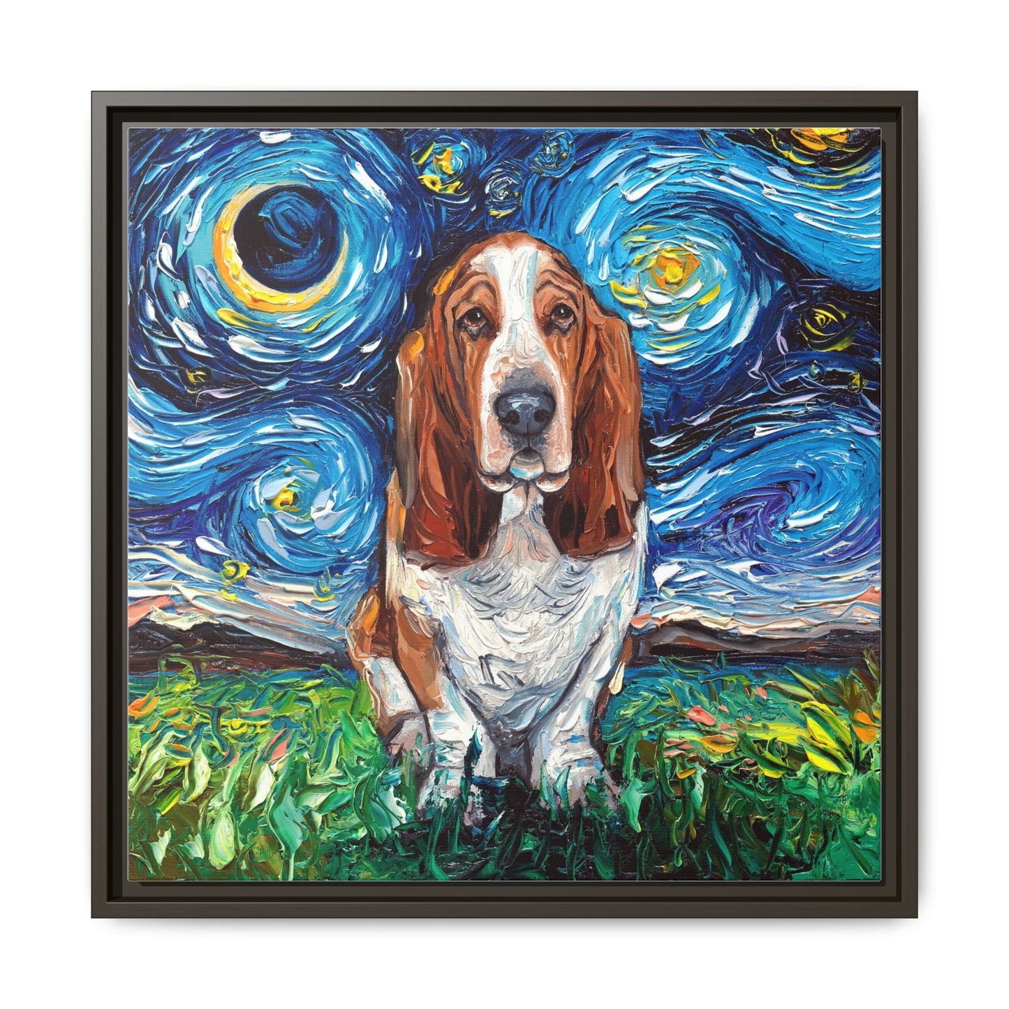 "Basset Hound Night" Framed Canvas Wall Art